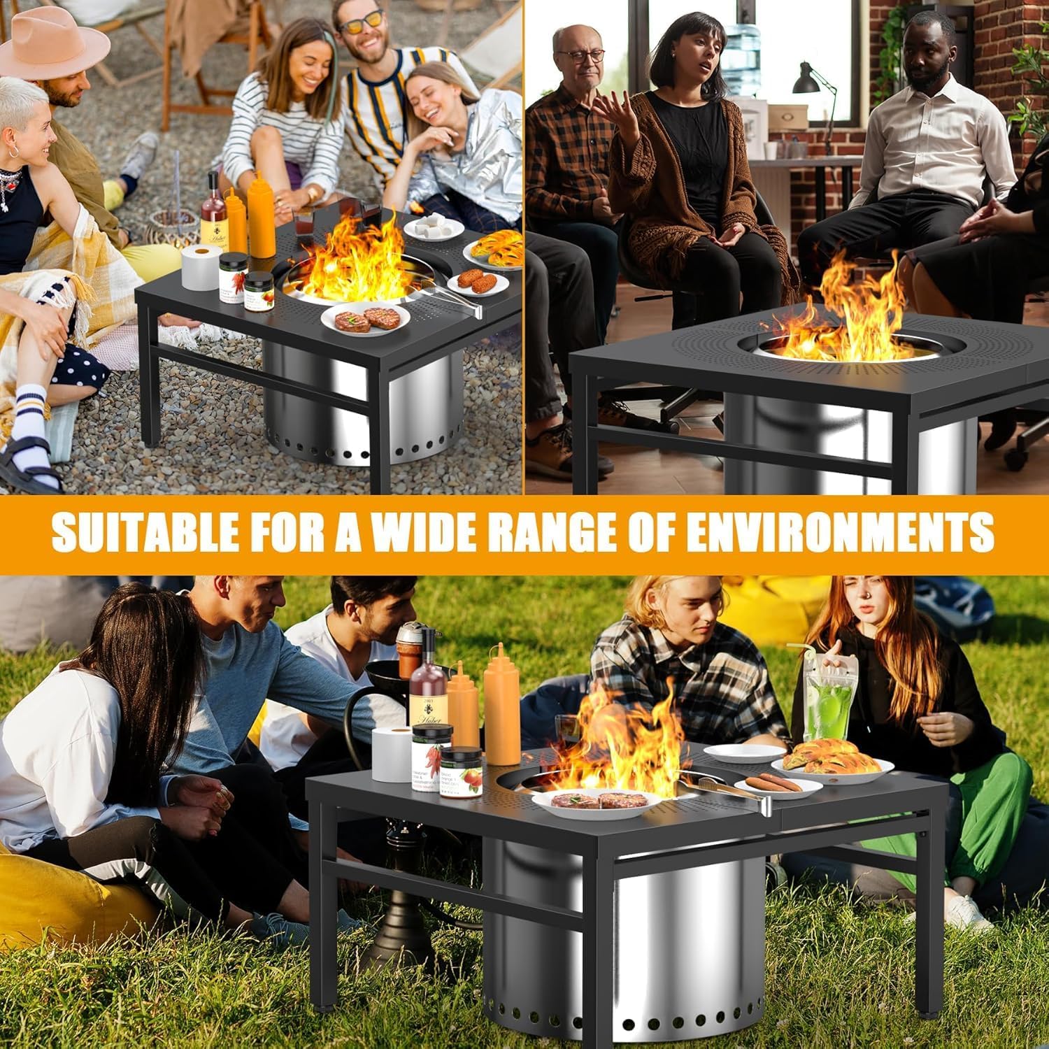 45'' Fire Pit Surround Tabletop for Solo Stove Yukon, Bonfire and Ranger Wood Burning, Outdoor Powder-Coated Square Fire Pit Table with Dust Cover, Outdoor Smokeless Fire Pit Table