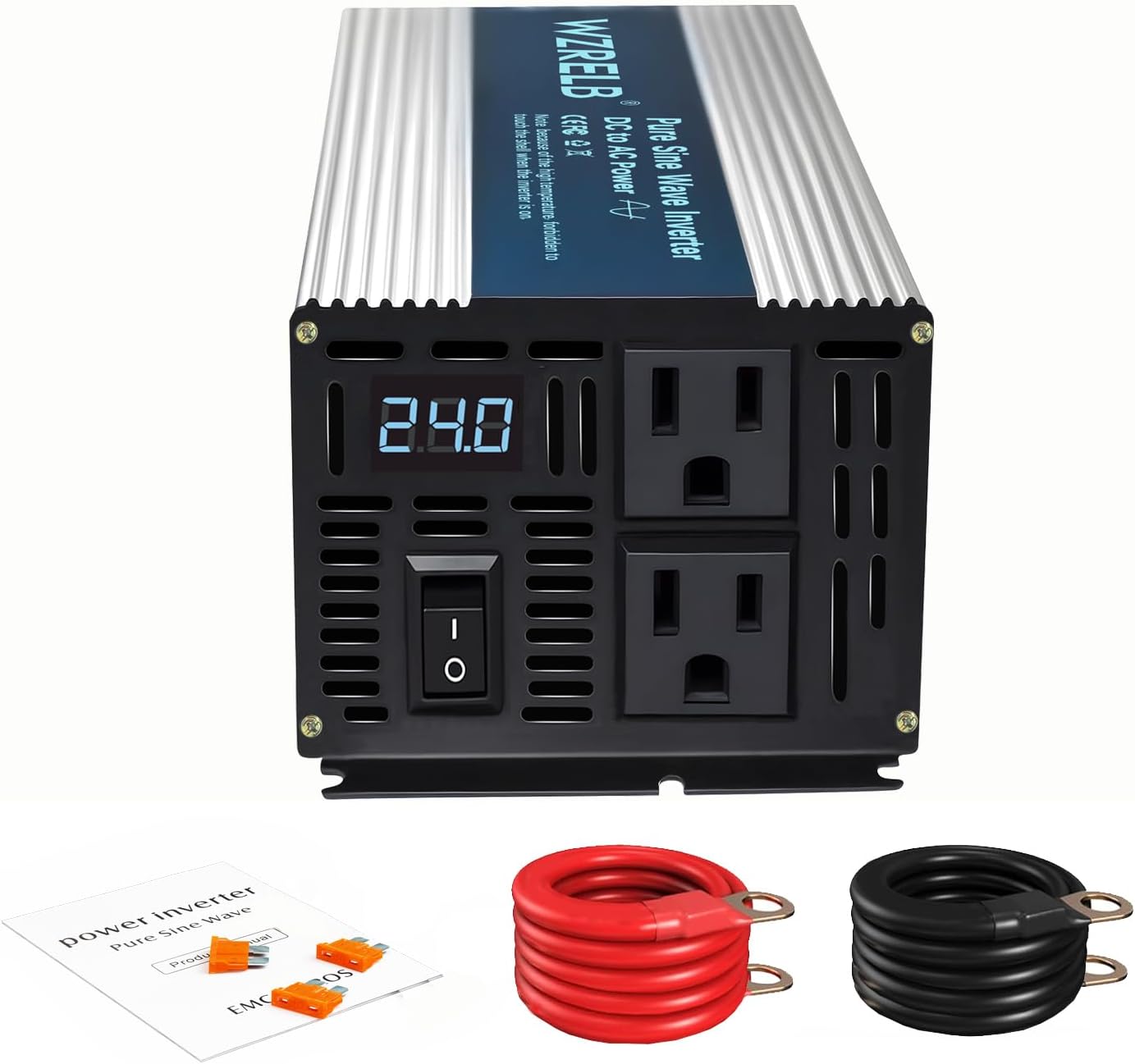 WZRELB 500W Pure Sine Wave Inverter 24V DC to 110V 120V AC Power Converter with LED Display, Off-Grid Portable Power Inverter with 2 AC Outlets for Home, RV, Truck, Camping