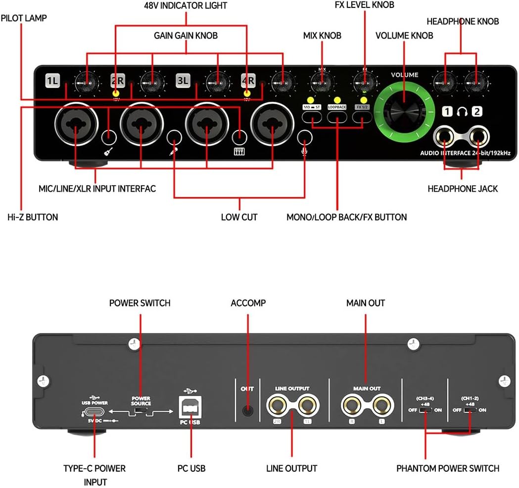 -MD44 Professional Microphone Sound Card 24Bit 192KHz 4 Way Audio Interface for Podcast Recording Music Instrument Easy to Use -B
