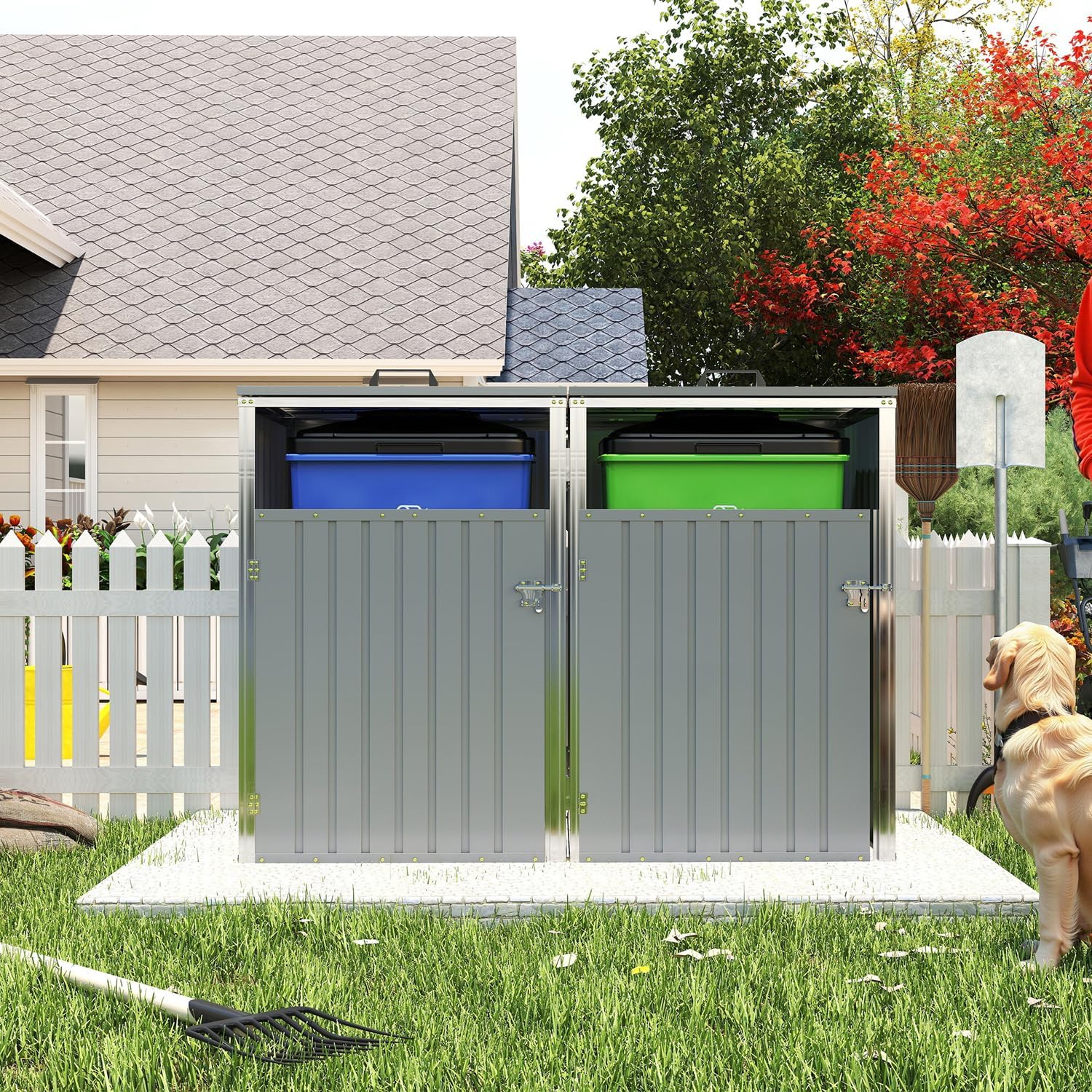 Metal Outdoor Trash Can Storage Shed, Sheds & Outdoor Storage Cabinet 54 Cu Ft with Lockable Doors & Hydraulic Rod Lift Lid Stores 2 Trash Cans, Outdoor Shed for Garden, Patio (Light Gray)