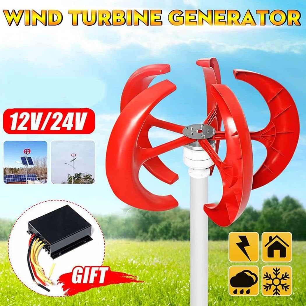 LiuSj JUnSt Red Vertical Lantern Wind Turbines Generator Kit,5 Blades 12V 24V 48V 8000W Low Noise Vertical Wind Generator for Home Hybrids Streetlight Use