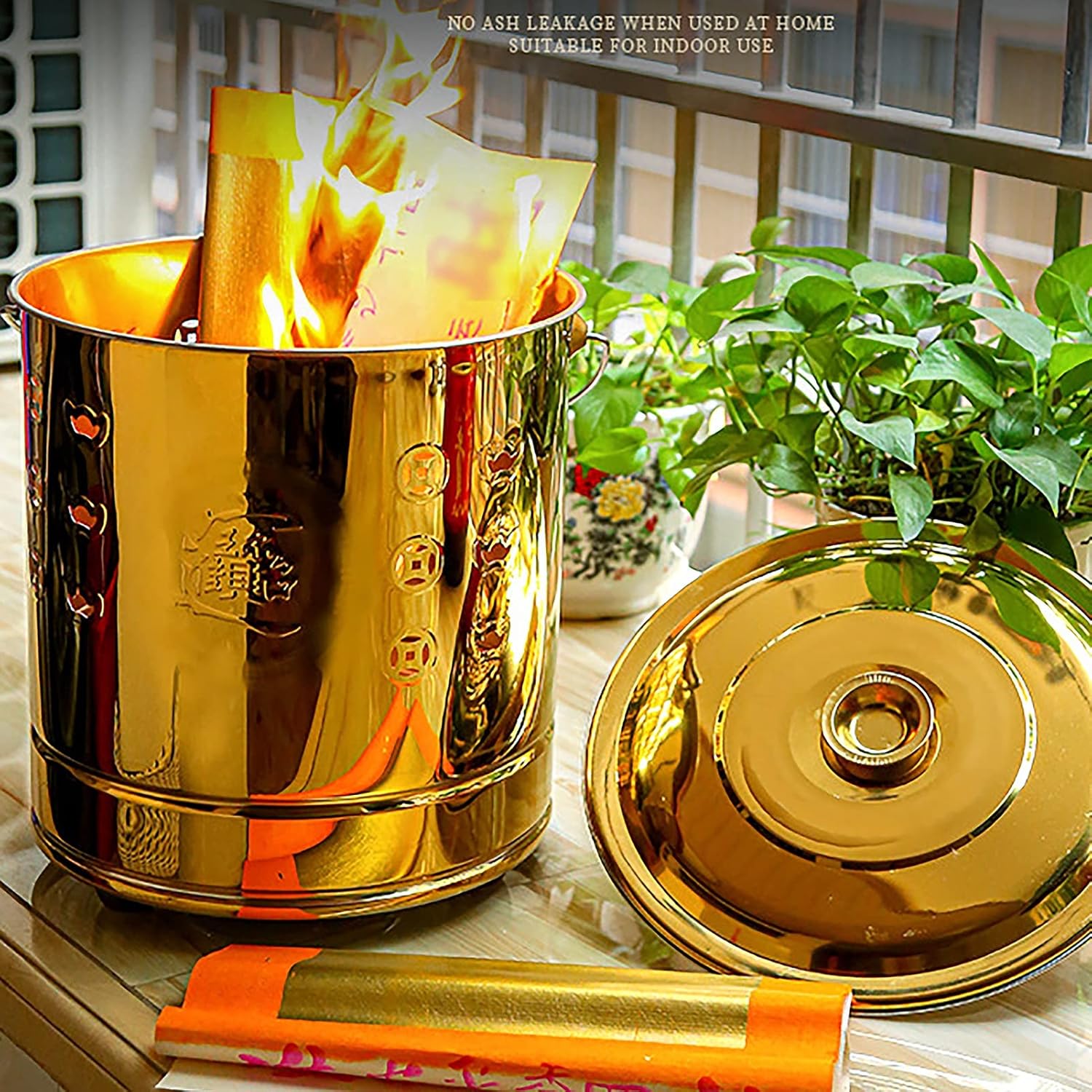 Metal Incinerator Cage with Burning Tongs Fire Pit Bucket Treasure Basin Ash Bucket Joss Paper Bucket with Lid for Yard Garden (Color : Red, Size : 42.5CM)