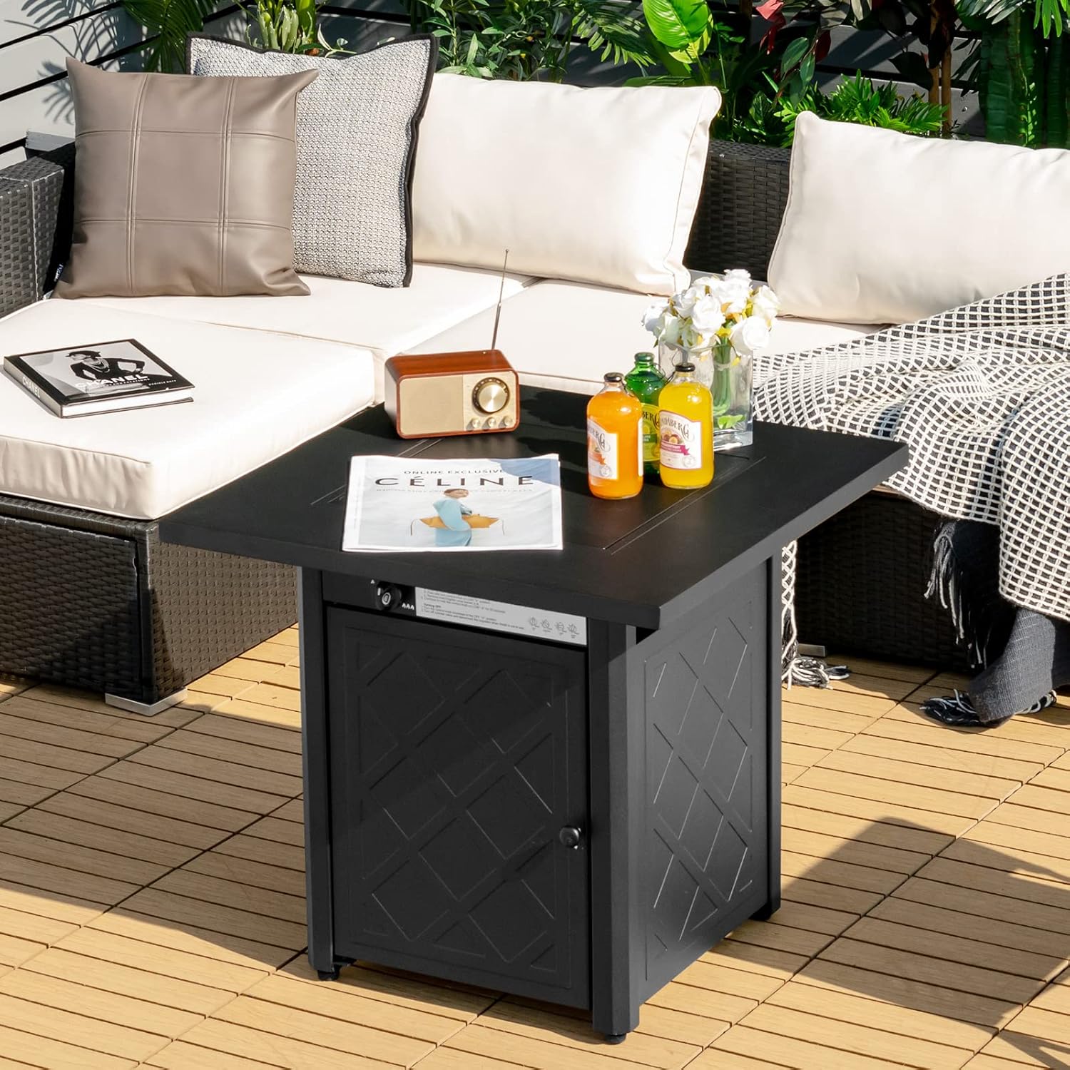 COSTWAY 28 Inches Outdoor Propane Fire Pit Table, 50,000 BTU Patio Gas Fire Pit Table, 2-in-1 Square Auto-Ignition Fire Pit Table with Lid and Lava Rocks for Patio, Backyard, Party, CSA Certification