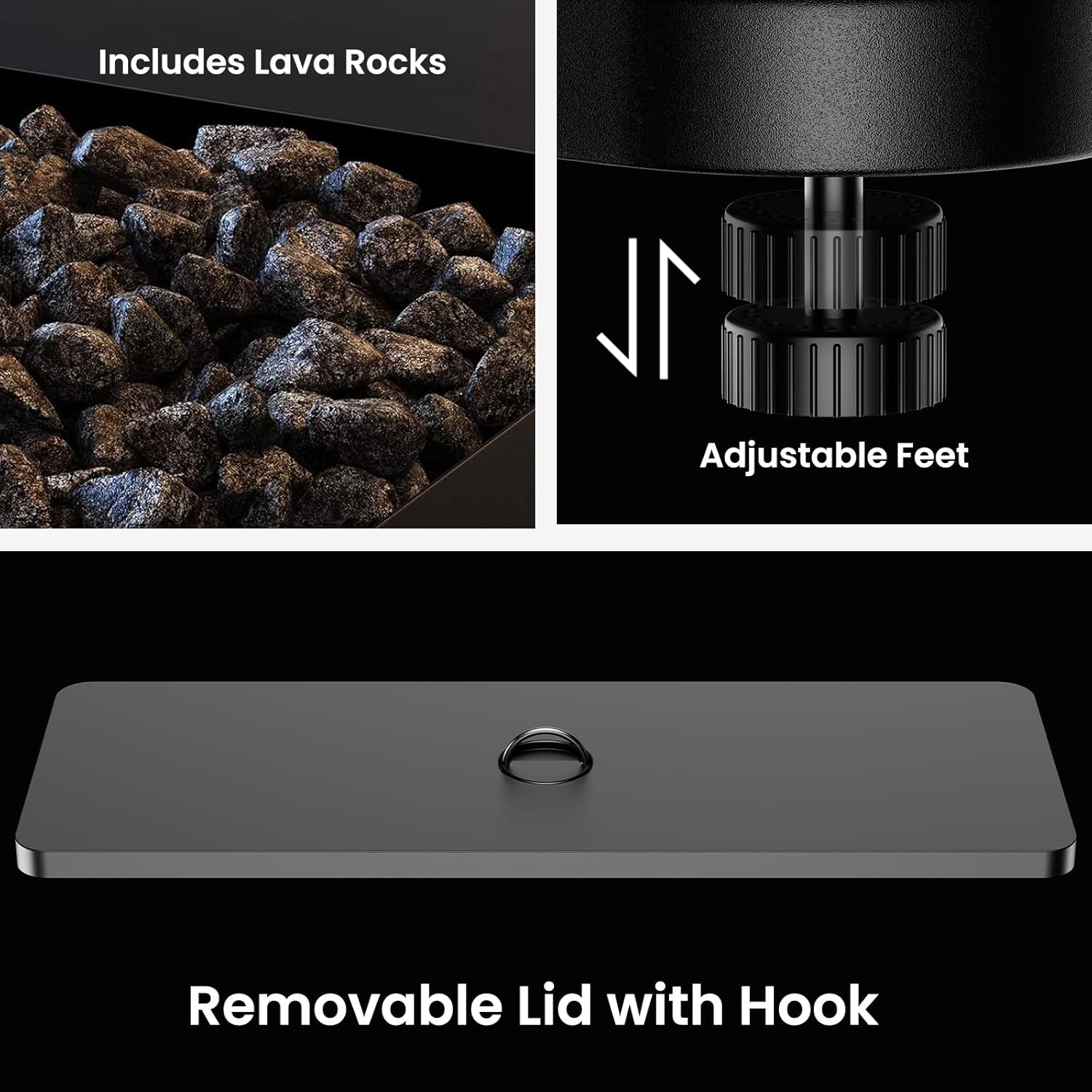 AMADA HOMEFURNISHING 43 Inch Propane Fire Pit Table, 60,000 BTU Gas Fire Pit with Lava Rocks, Waterproof Cover, Removable Lid, Cup Holders, 2-in-1 Fire Table for Patio, Backyard, Garden, Black