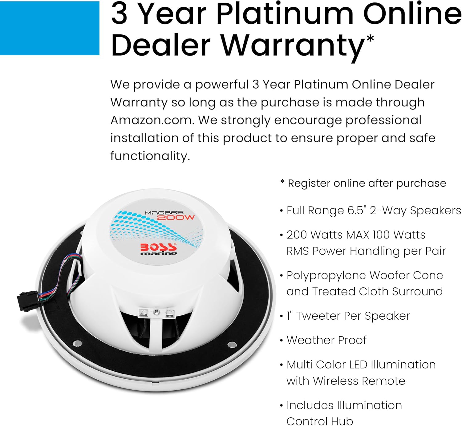 BOSS Audio Systems MRGB65 6.5 Inch Marine Boat Stereo Speakers - 200 Watts (per pair), Coaxial, 2 Way, Full Range, 4 Ohms, Multi-Color Illumination, Weatherproof, Sold in Pairs