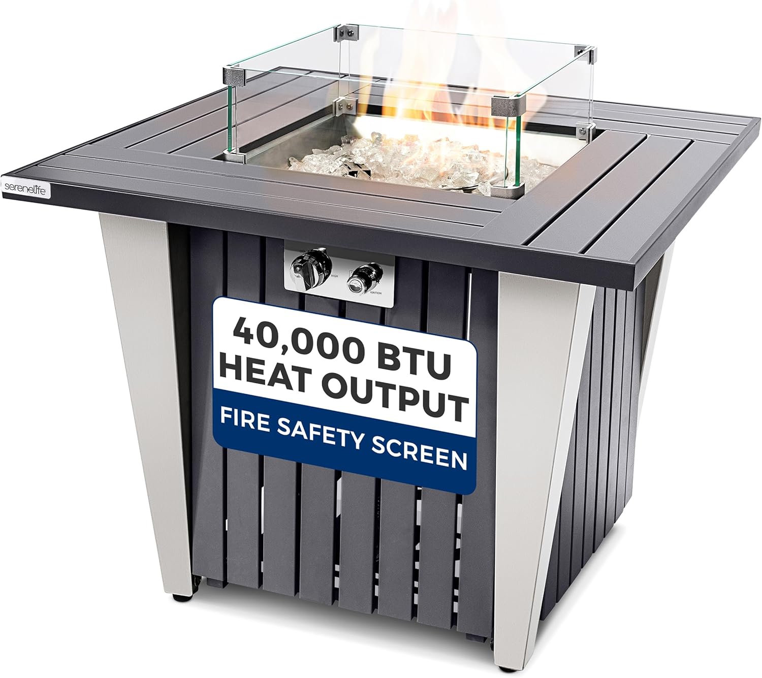 SereneLife Outdoor Propane Fire Pit Table, 50,000 BTU Square Fire Table with Stainless Steel Lid, Durable Legs, Adjustable Flame, Weather Cover, Perfect for Patio & Garden, 31.5” x 31.5” x 24.8”