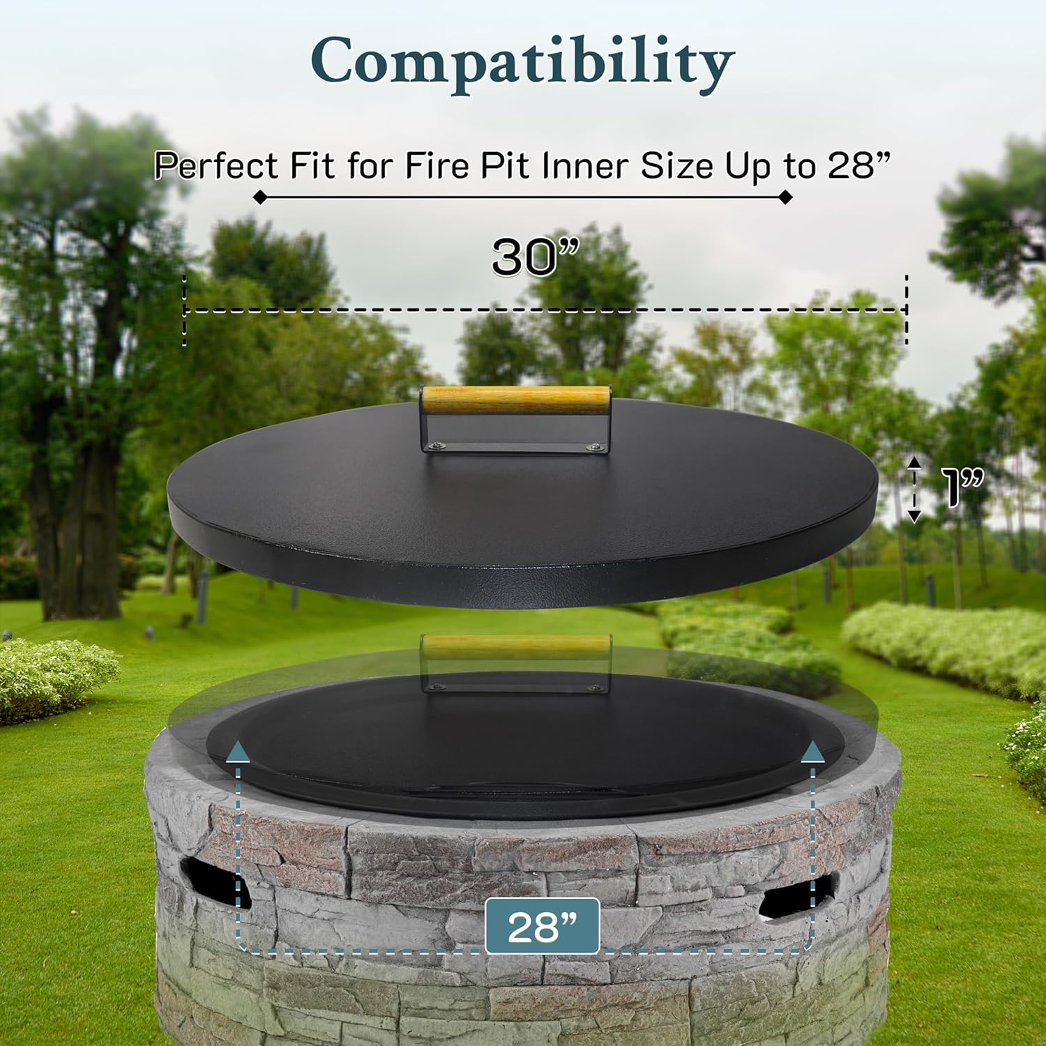 30” Round Fire Pit Lid – Powder Coated fire pit cover round metal for Outdoor Fireplace -16 Gauge Steel Flat Fire Pit Burner Pan Cover with Wooden Handle Snuffer Lid for Round Patio Fire Pit Ring