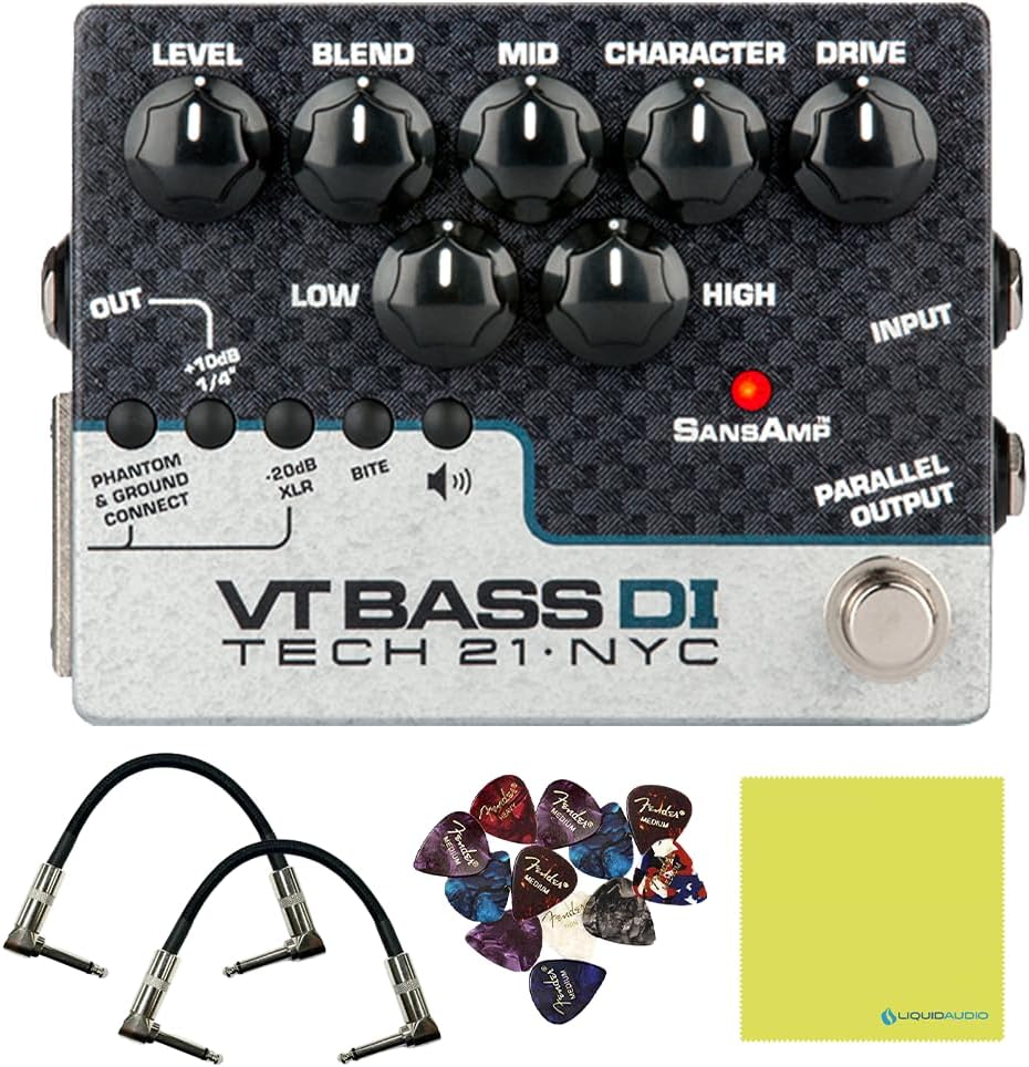 Tech 21 SansAmp VT Bass DI Pedal Bundle w/ 2x Strukture Patch Cables, 12x Guitar Picks & Liquid Audio Polishing Cloth CS-VTB-DI