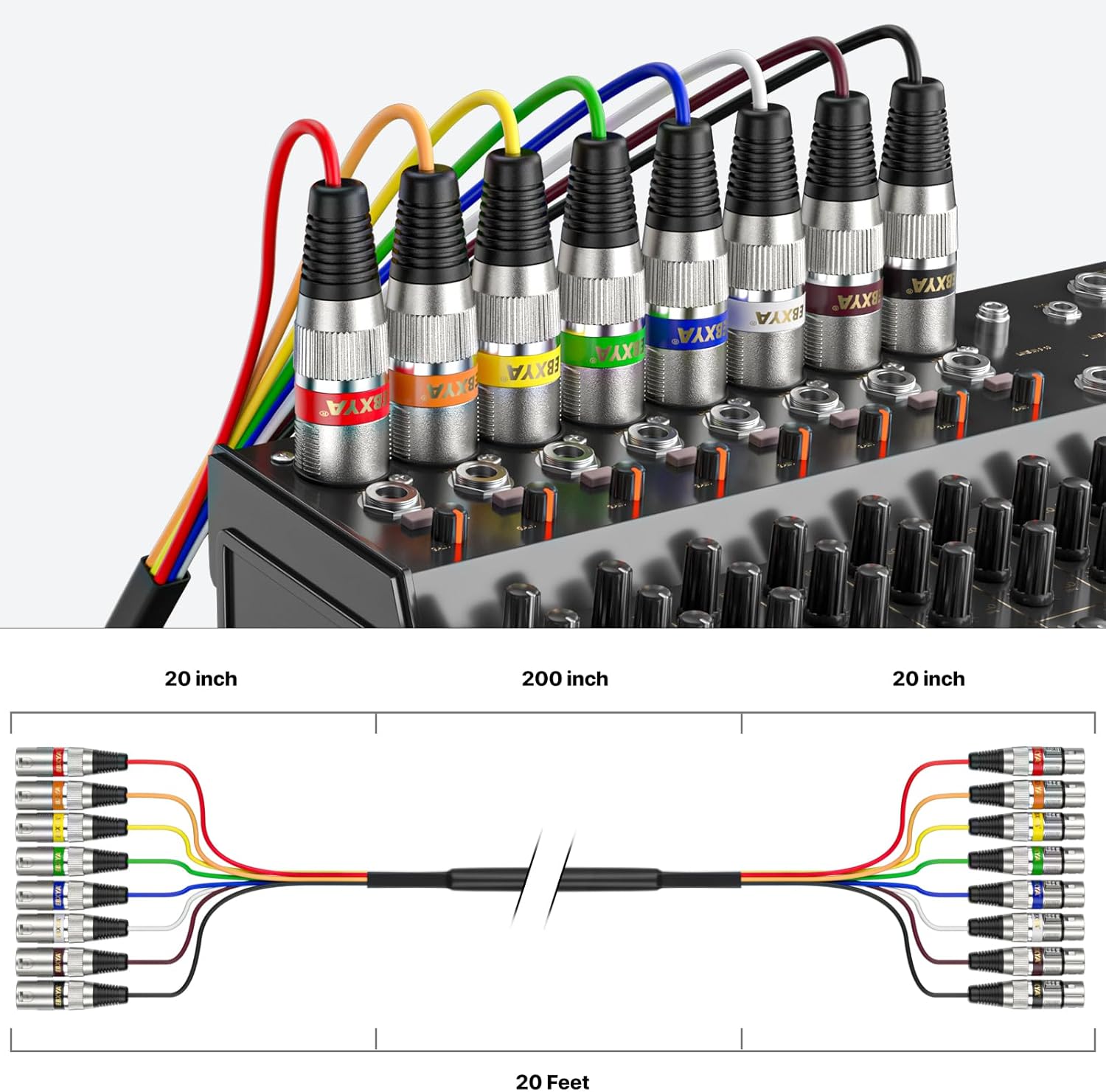EBXYA 20 Feet XLR Snake 8 Channel - 8 Colored XLR Male to Female Cables, Recording Snake for Live, Recording, Studios