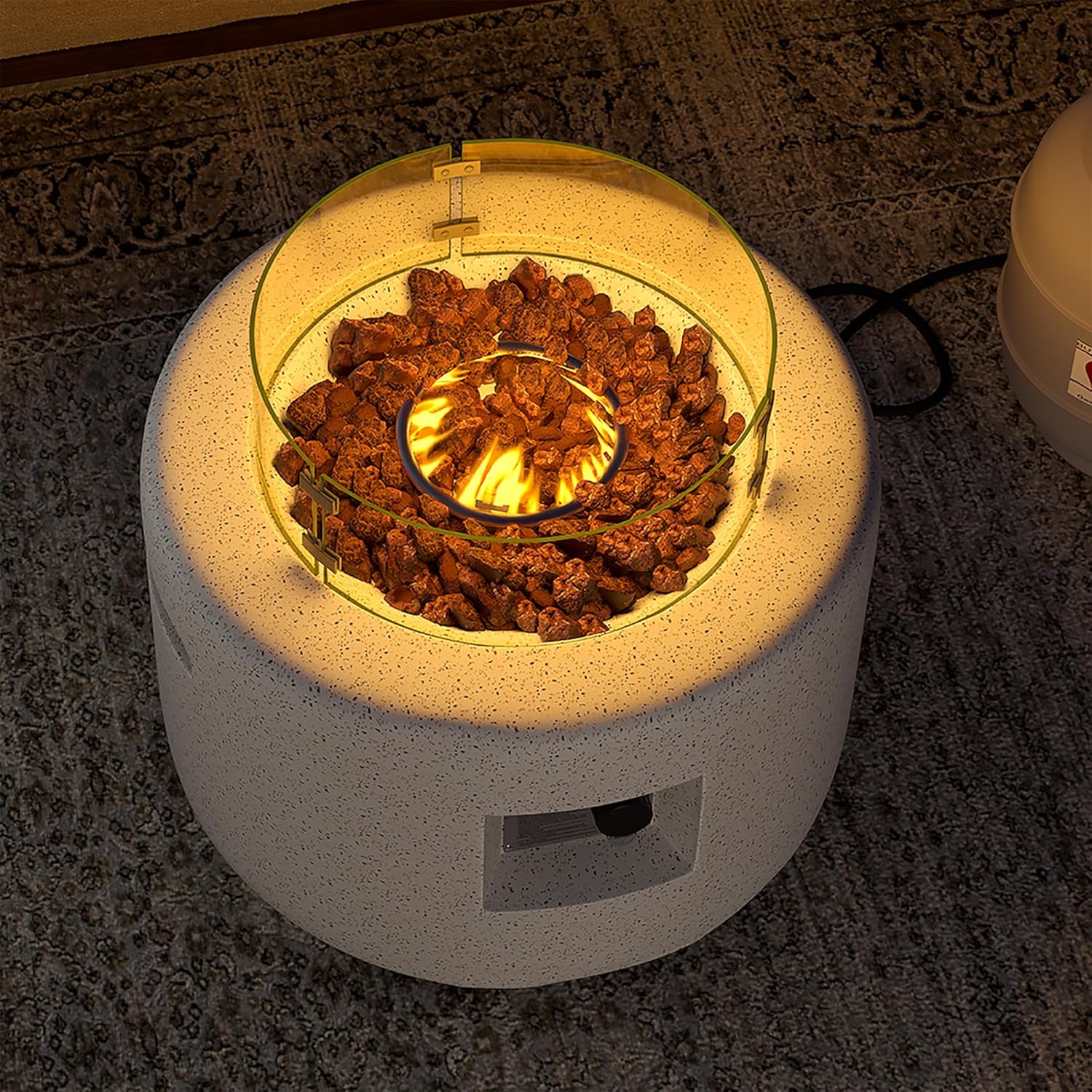 SUNBURY Outdoor Propane Fire Pit Table, 26 Inch Small Patio Gas Fire Table 50,000 BTU Column Fire Pit for Outside in Spotted White w Glass Wind Guard, Lava Rocks