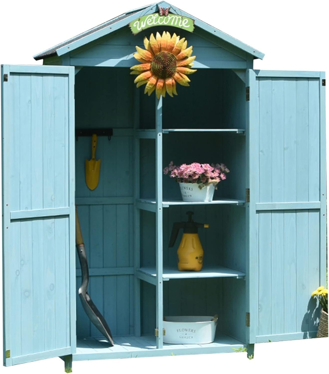 Wooden Garden Storage Cabinet with Metal Handle, Outdoor Tool Shed, for Patio Furniture, Lawn Mower, Backyard Storage Organizer, Lockable Garden House (D)