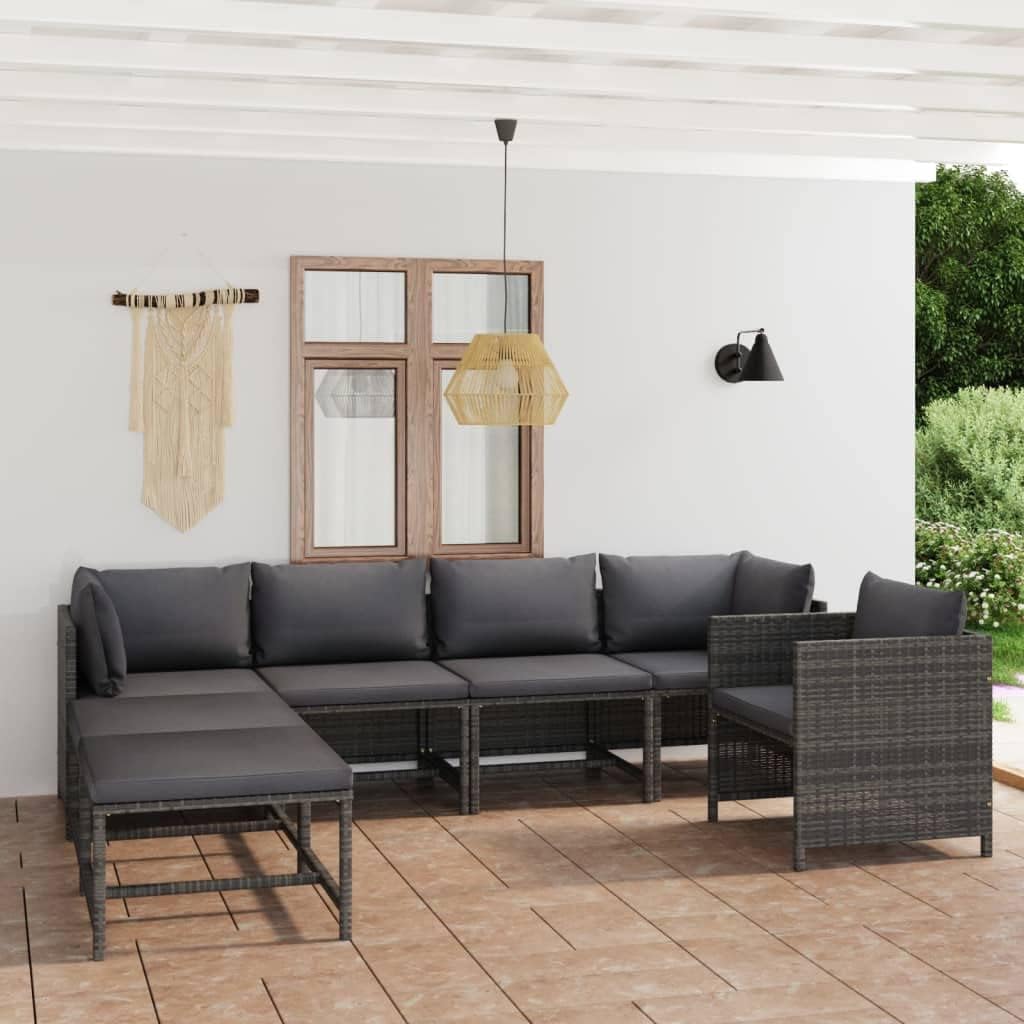 7 Piece Patio Lounge Set with Cushions Poly Rattan Gray,Versatile Modular Rattan Lounge Set for Ultimate Comfort and Style Patio Furniture, Outdoor Furniture Sets