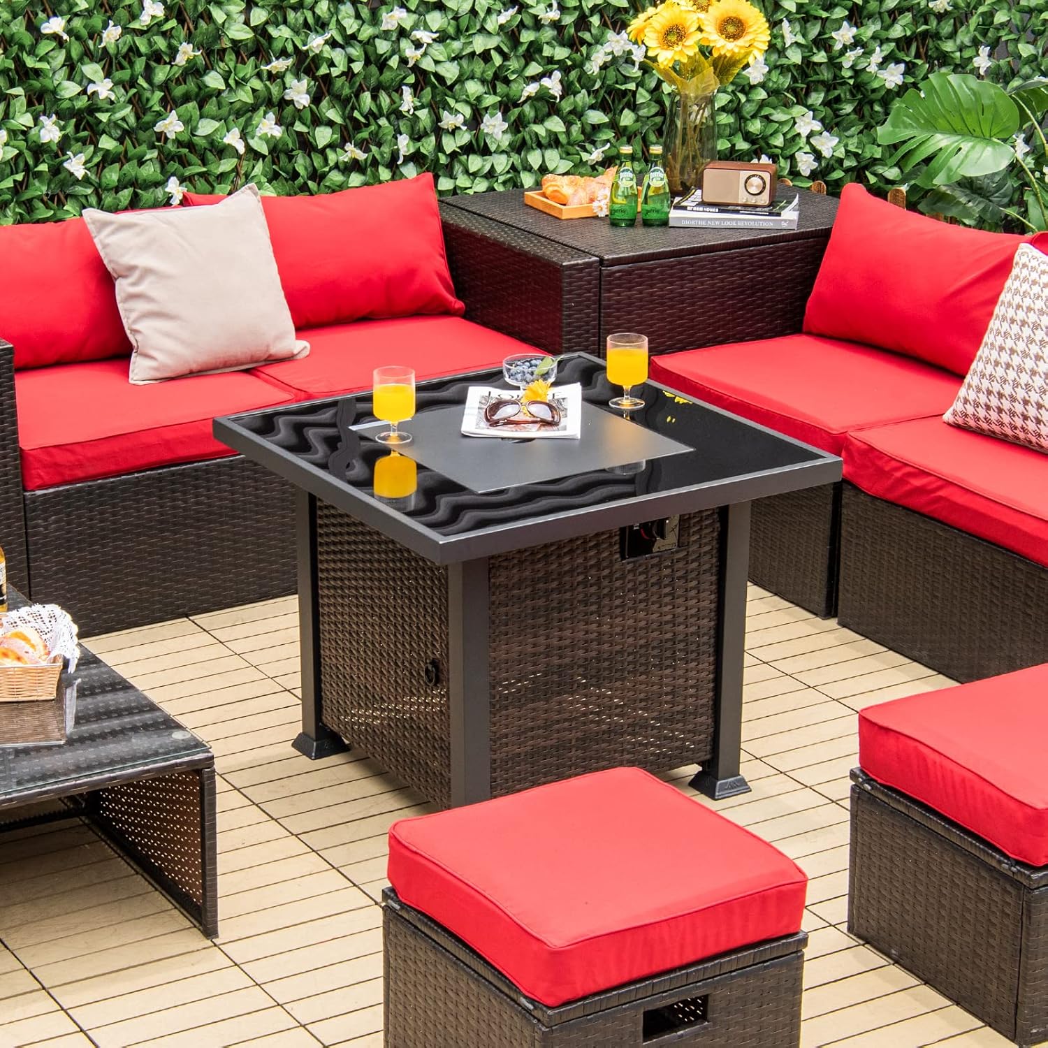 Tangkula 50,000 BTU Propane Fire Pit Table, Patiojoy 32 Inch Wicker Gas Fire Pit with Removable Lid and Lava Stone, Outdoor Square Rattan Fire Table with PVC Cover, Mix Brown