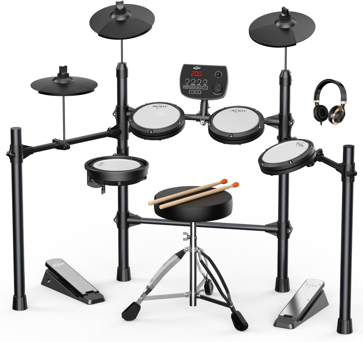 AiJoy Electric Drum Set with Quiet Mesh Pads, 5 Drums, 3 Cymbals, Dual-Zone Snare, USB MIDI, Intelligent Sound Module, Drum Throne, Headphones, Sticks, 25 Kits & 195+ Sounds for Beginners & Adults