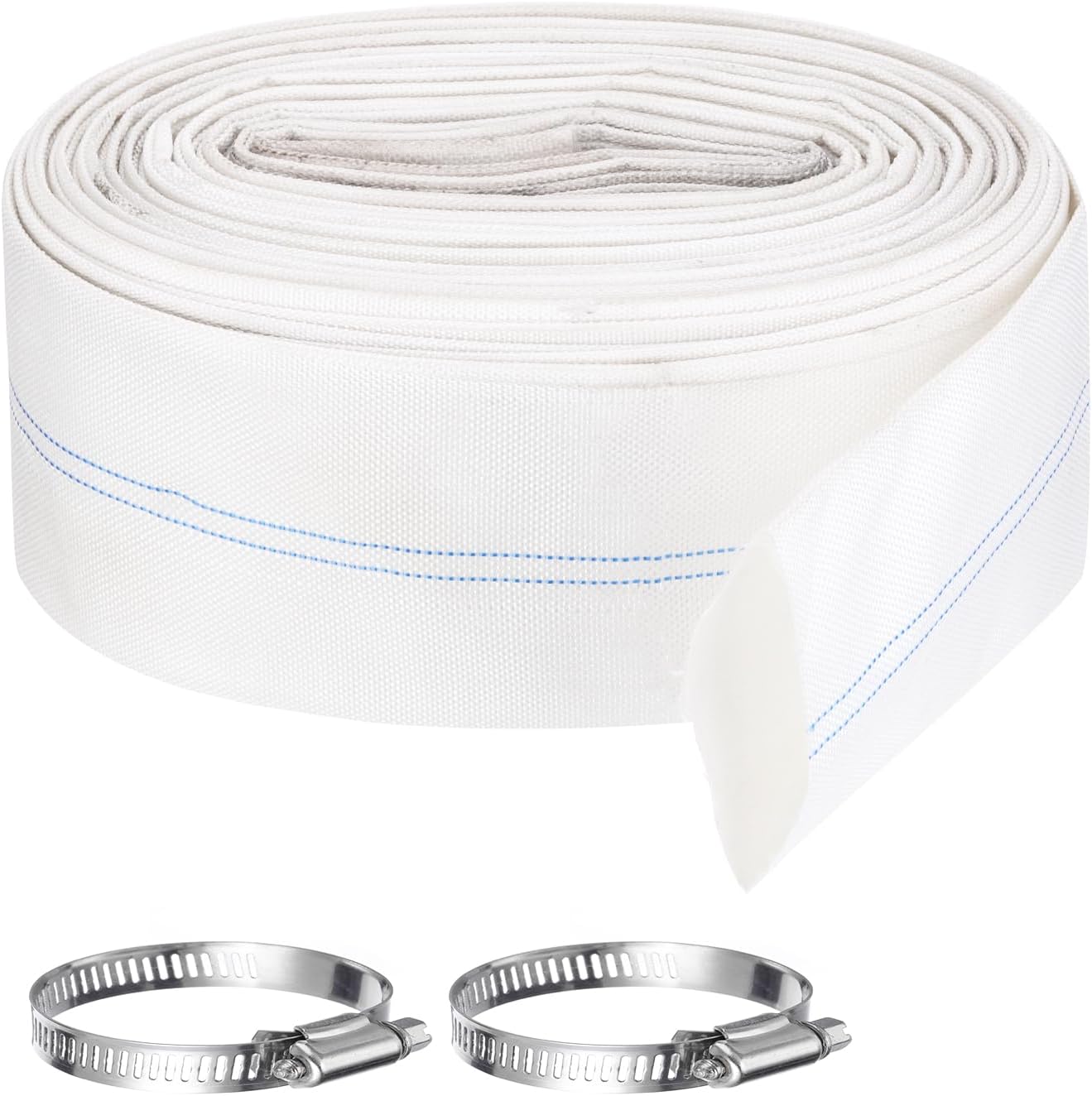 Pool Backwash Hose, 3 Inch x 98.4ft Reinforced Drain Hose PVC Lay Flat Water Discharge Pump Hoses for Pool Filter Swimming Pump, with 2pcs Clamps, White