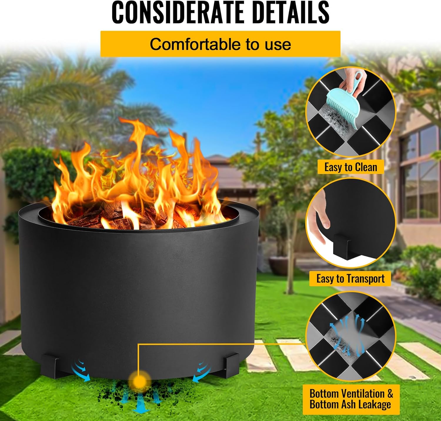 23.6 Inch Smokeless Fire Pits Large Wood Burning Fire Pit Carbon Steel Stove Bonfire Fire Pit Portable Outdoor Fire Bowl for Picnic Camping Backyard