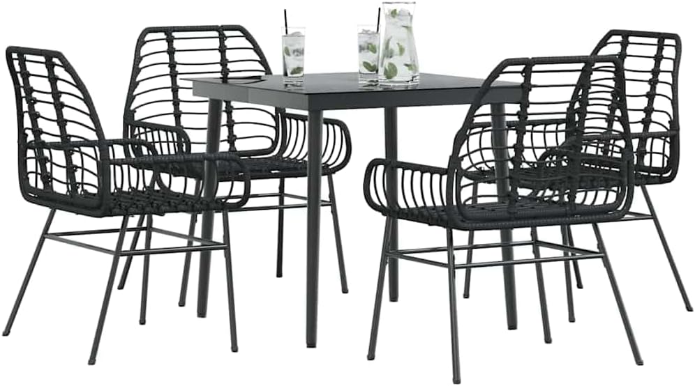 4-Seater Outdoor Dining Set, Black Poly Rattan Patio Furniture with Tempered Glass Table, Weather-Resistant, Garden Terrace Balcony Use, Durable Steel Frame
