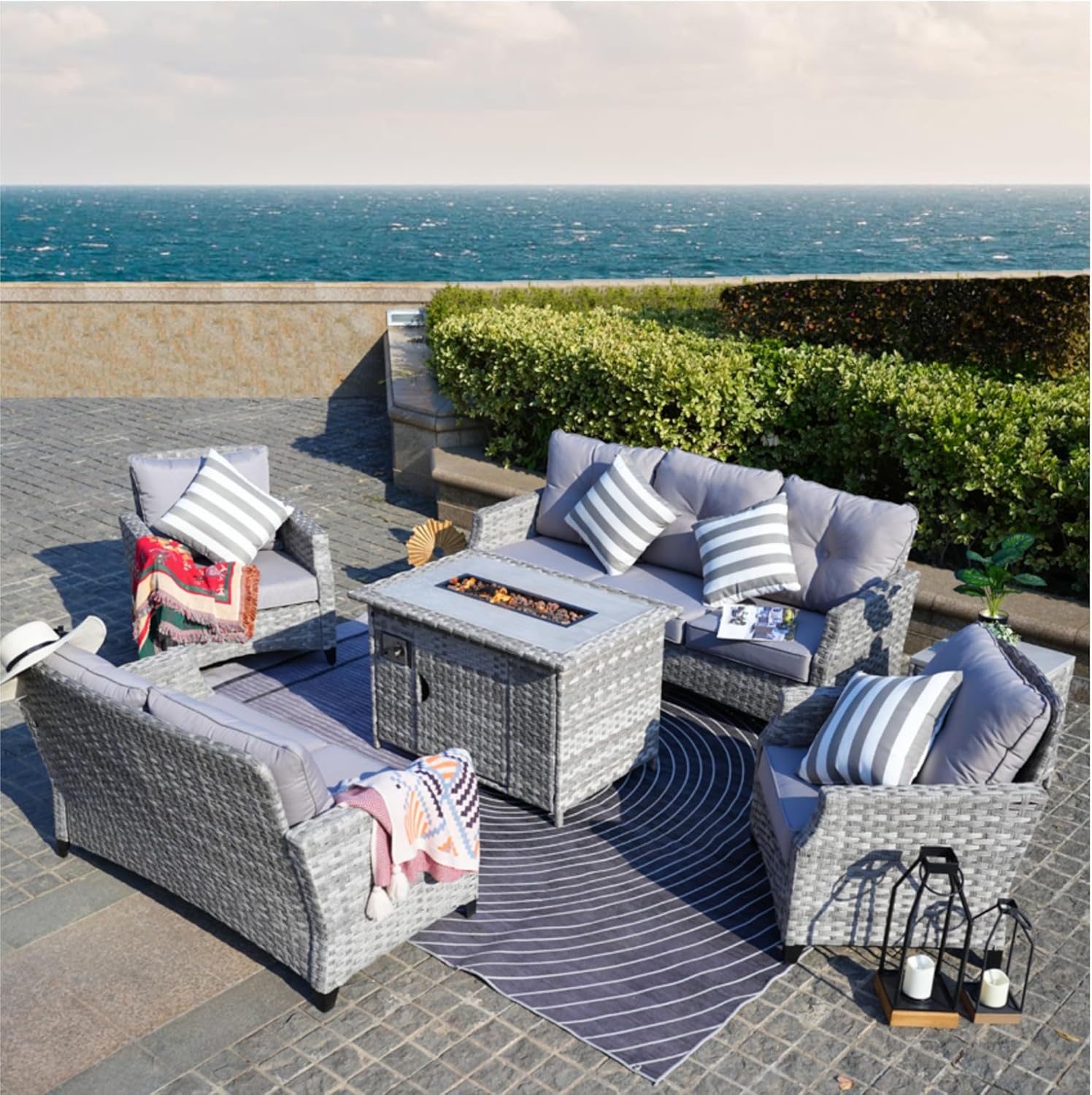 Direct Wicker Aluminum 7-Person Gray Seating Group with Fire Pit and Cushions