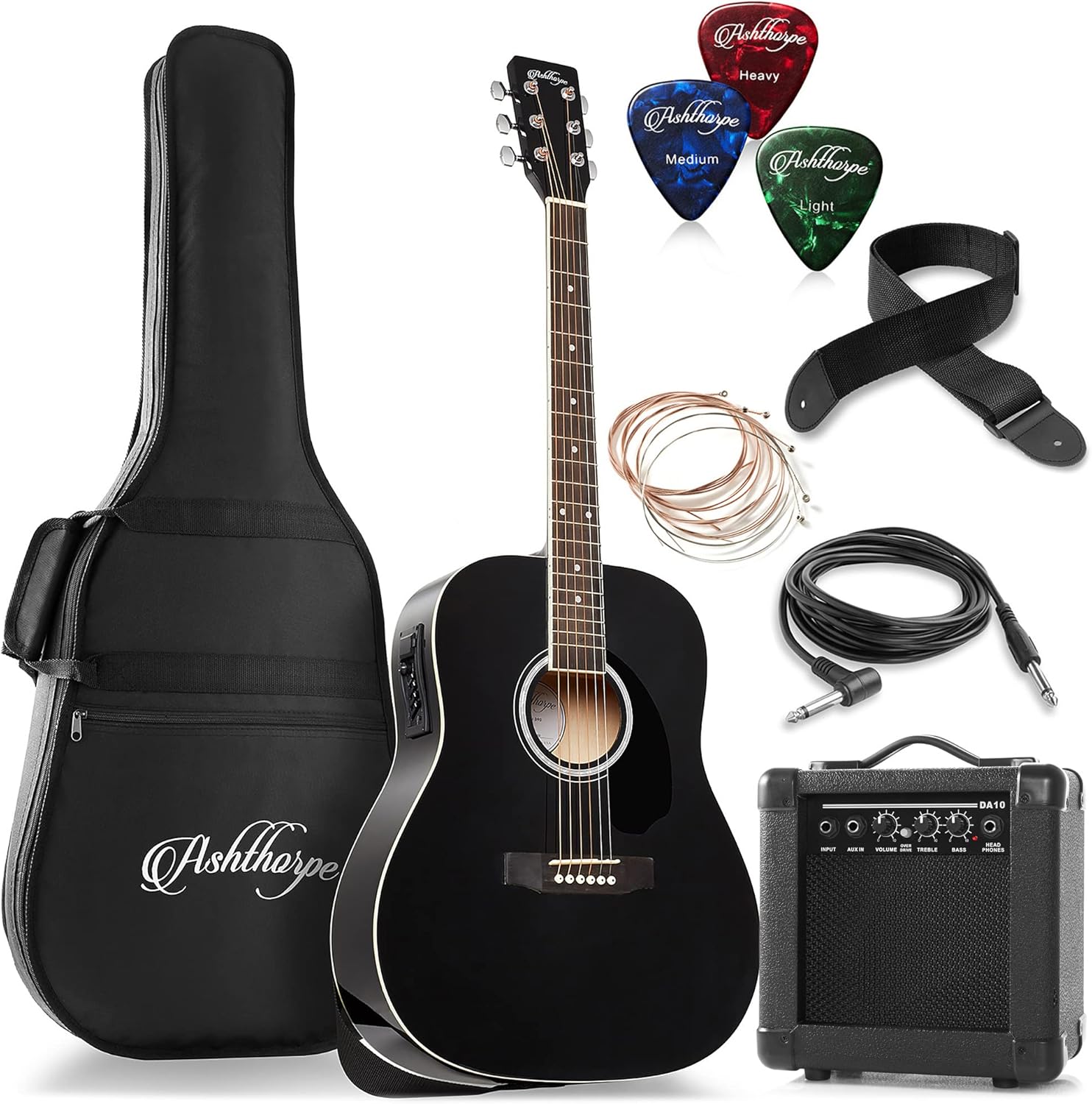 Ashthorpe Full-Size Dreadnought Acoustic Electric Guitar Package with 10 Watt Amp - Black