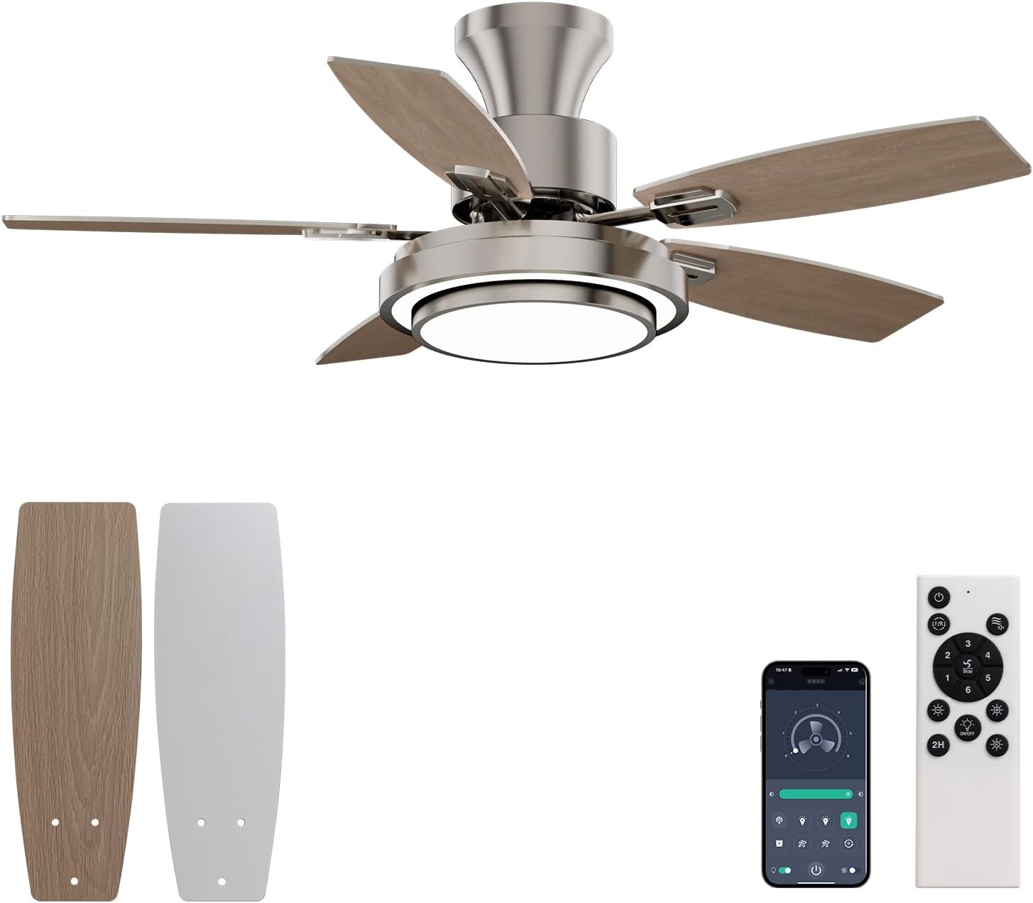 Ceiling Fans with Lights and Remote Control, 42 Inch Flush Mount Ceiling Fan with Quiet Reversible DC Motor, Dimmable LED Lighting, 6 Speeds, Timer, Nickel Ceiling Fan for Bedroom Living Room