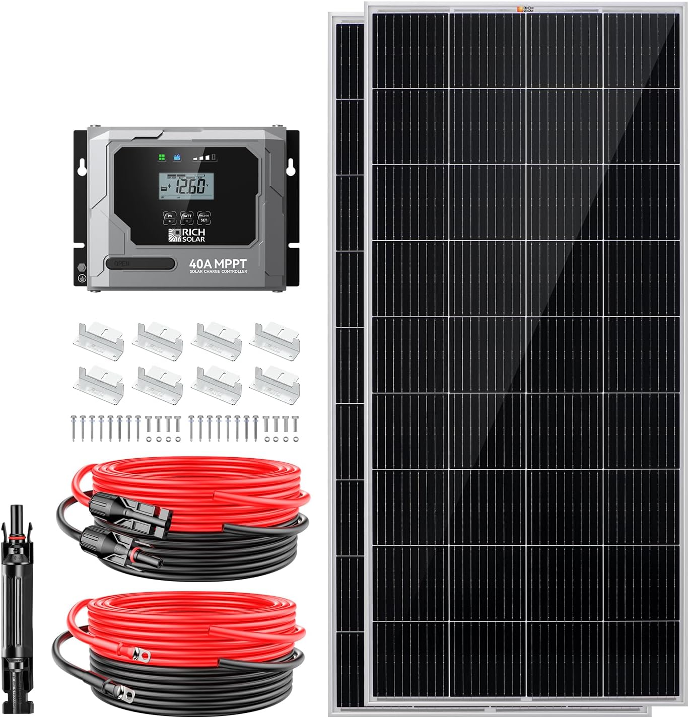 RICH SOLAR 400 Watt Premium Solar Kit - 2 Pack of 200W Panel, 40A MPPT Charge Controller, Mounting Z Brackets, Adaptor Kit, Tray Cables Set, Off-Grid 12V Solar Power System