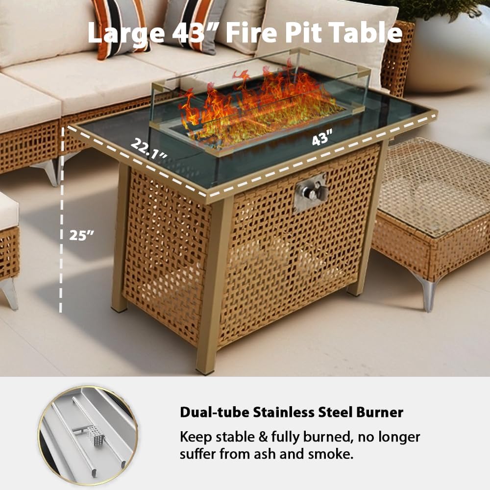 43 Inches Propane Fire Pit Table, 60,000 Btu Rectangular Outdoor Fire Pit with Glass Wind Guard for Patio, Deck, Backyard – Orange & Mustard Yellow (Orange-Yellow) (1 Doors)