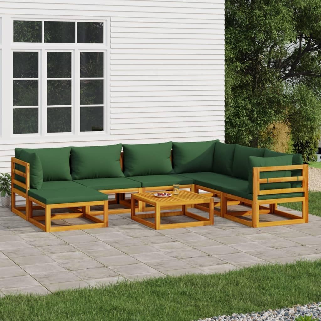 Garden Lounge Set Green Solid Acacia Wood, 8-Piece Modular Outdoor Patio Furniture for Balcony, Weather-Resistant Comfort