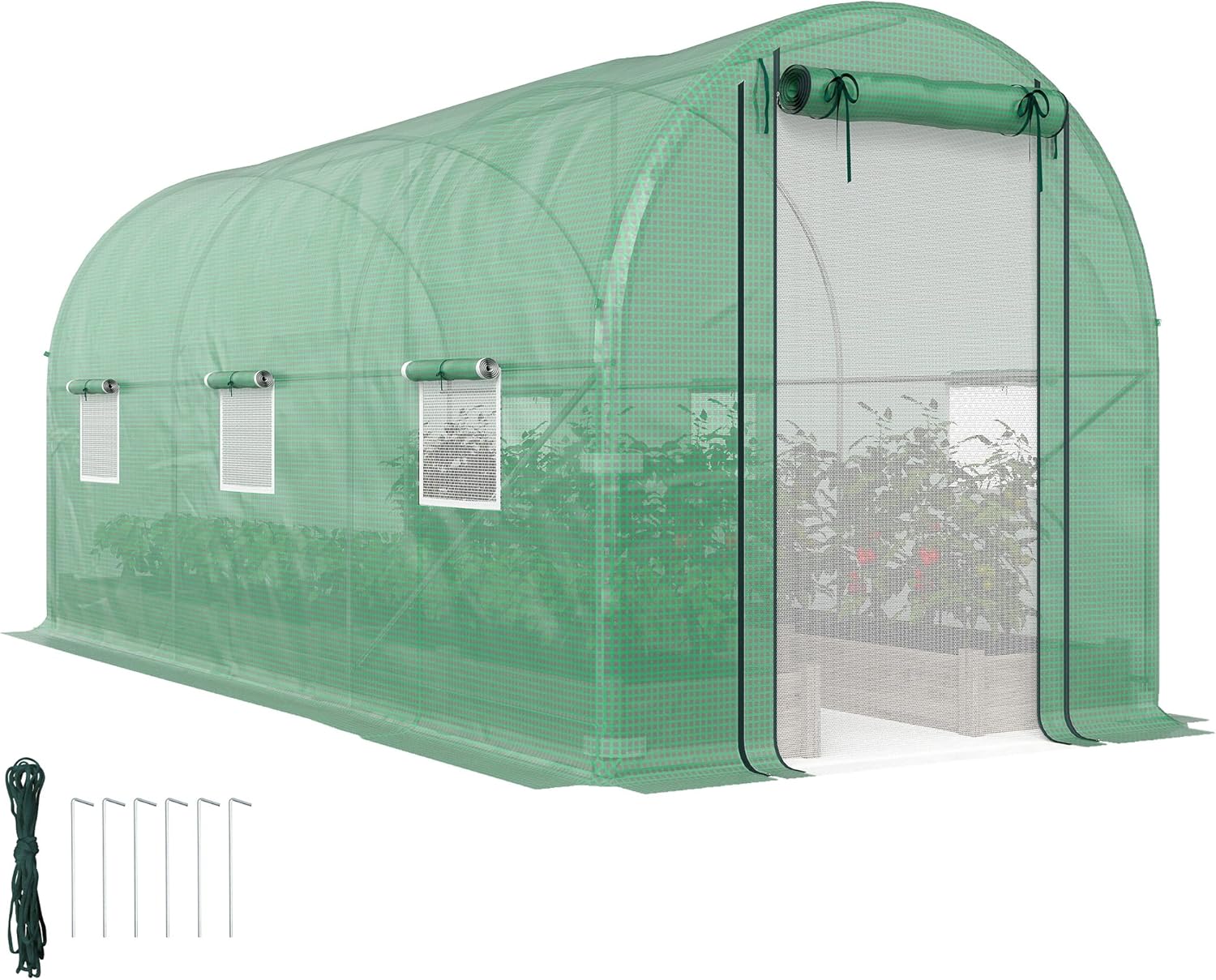 Outsunny 14.6'x6.5'x6.6' Hoop House Greenhouse with 2 Support Rods, Zippered Roll-up Mesh Door, Mesh Windows, Walk-in Tunnel Greenhouse with PE Cover, Galvanized Steel Frame, Outdoor Garden, Green