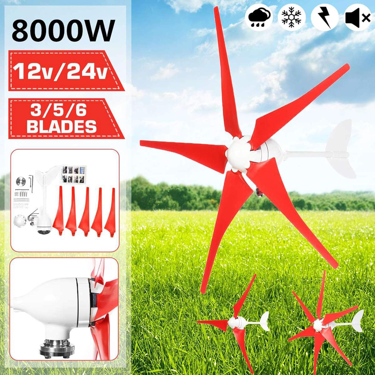 8000W Hoop Type Wind Turbines,12V/24V 6 Blades Wind Turbines Generator Horizontal Wind Generator Suitable for Wind and Solar Power,12v