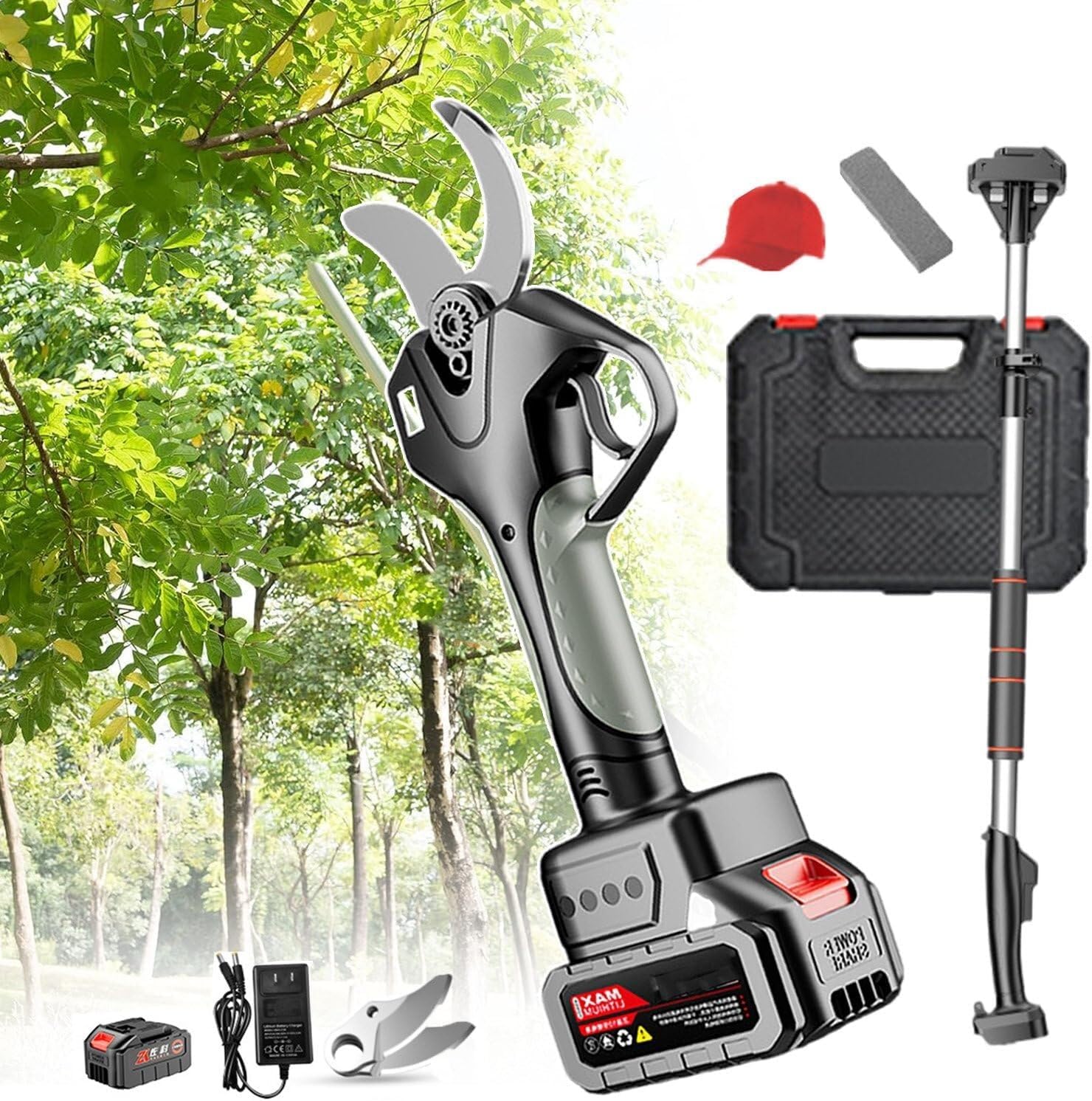Electric Secateurs Pruning Scissors with Telescopic Pole, 21V Cordless Tree Pruner for Gardens, Farms Orchards