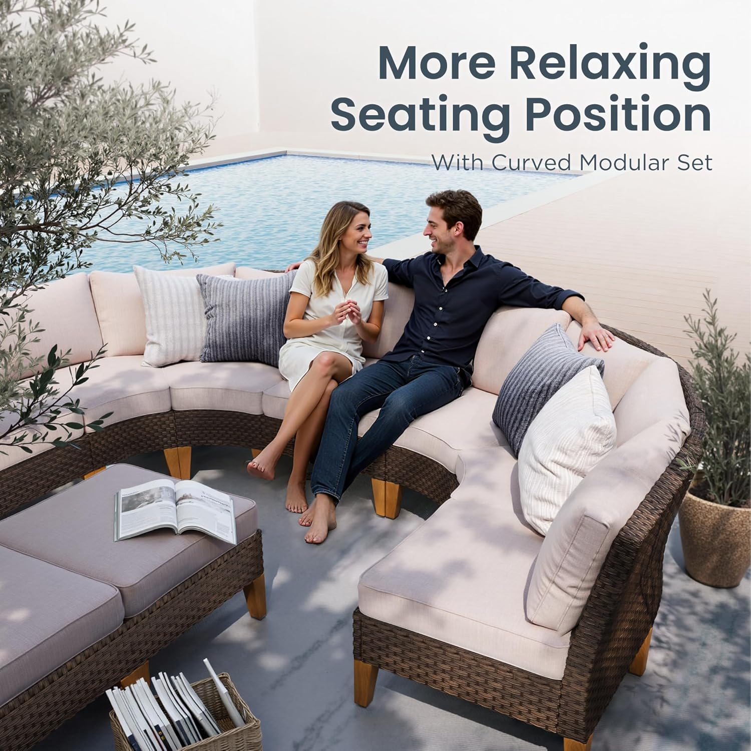 PHI VILLA 7-Piece Half Moon Patio Furniture Set with 56