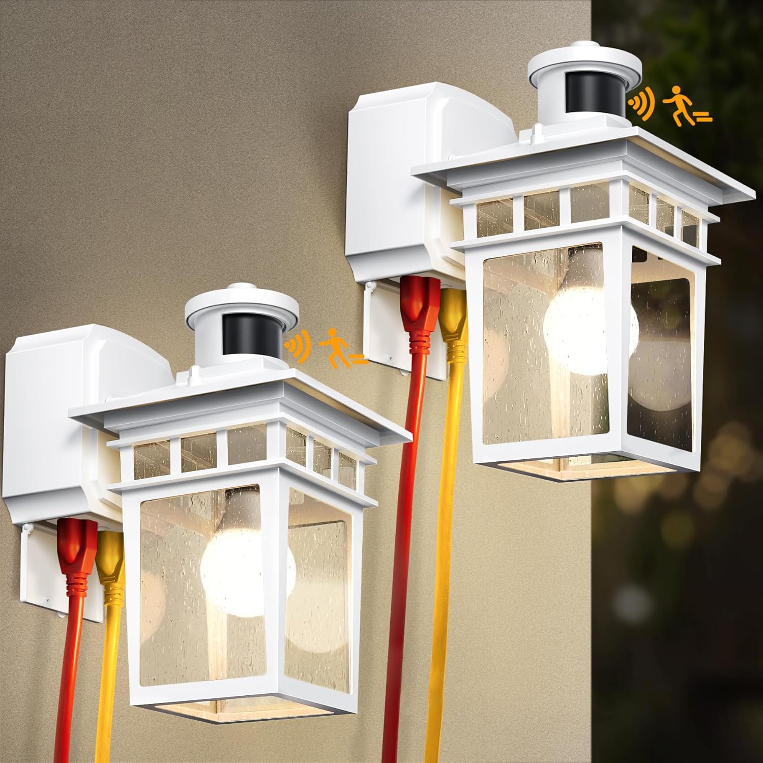 2 Pack Porch Lights with GFCI Outlet, White Dusk to Dawn Motion Sensor Outdoor Light, 3-Mode Wall Exterior Lighting Fixture, Waterproof Outside Lights Sconce for House Front Door Patio