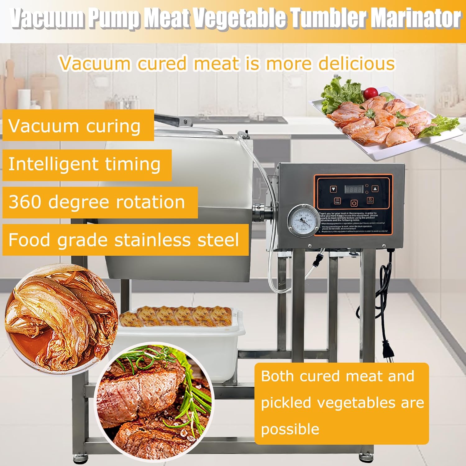 Vacuum Tumbler Marinator Meat Vegetable Marinating Machine 45L Food Vacuum Marinator Fast Marination Process 110V Meat Pickle Machine 360° Rotation with Timer For Chicken Steak Burger Shop
