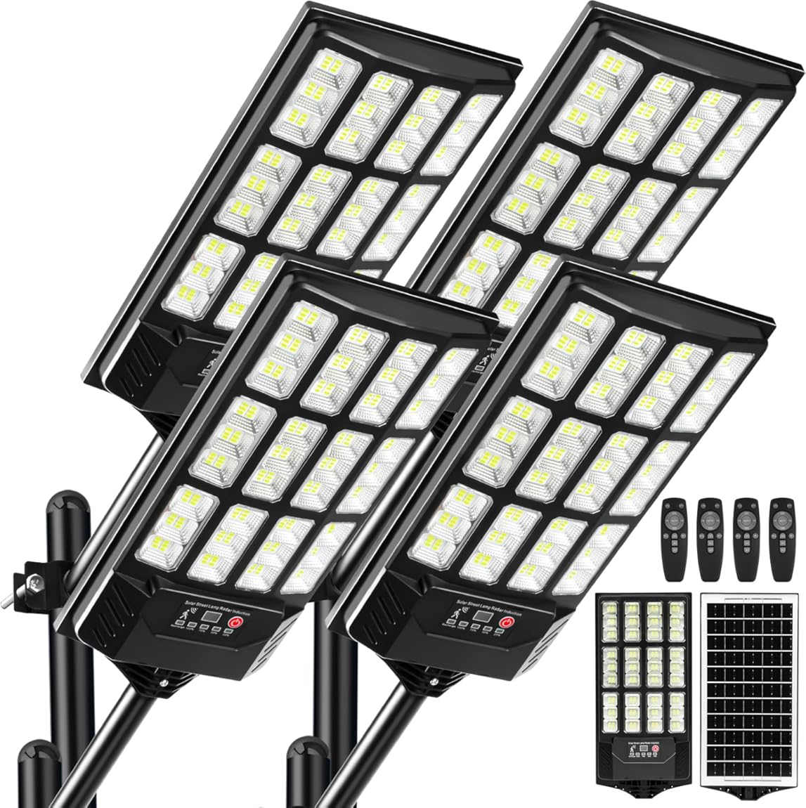 4 Pack Solar Street Lights, Outdoor Flood Light with 2 Motion Sensors, Dusk to Dawn, IP66 Waterproof Solar Powered Parking Lot Light with Remote Control, 6500k Dimmable Security Lamp for Outside