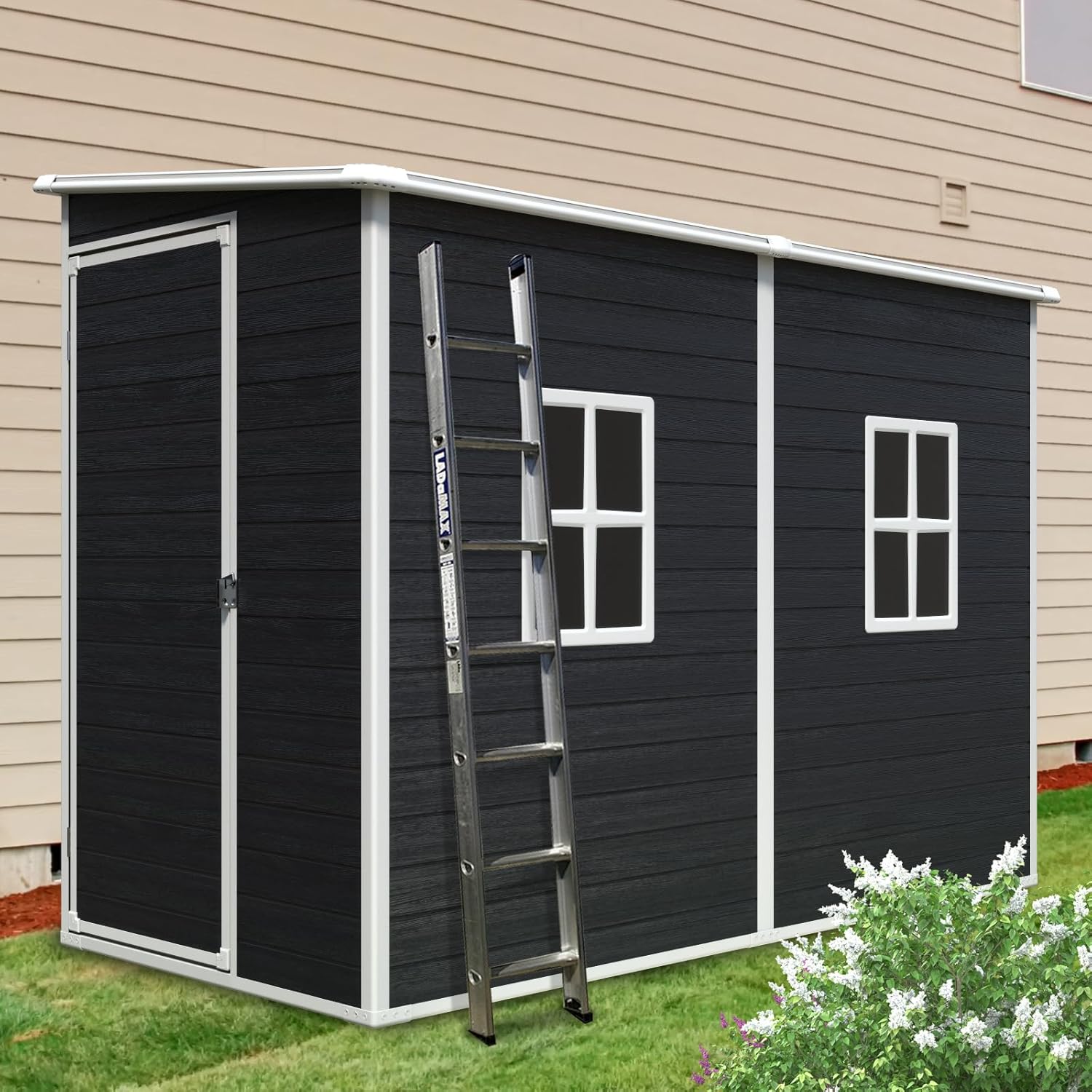 Ball & Cast 8x4 FT Resin Outdoor Storage Shed with Waterproof Floor and 2 Window,Garden Organizer Tool House w/Lockable Doors & Ventilation,Cabinet for Patio,Lawn,Black