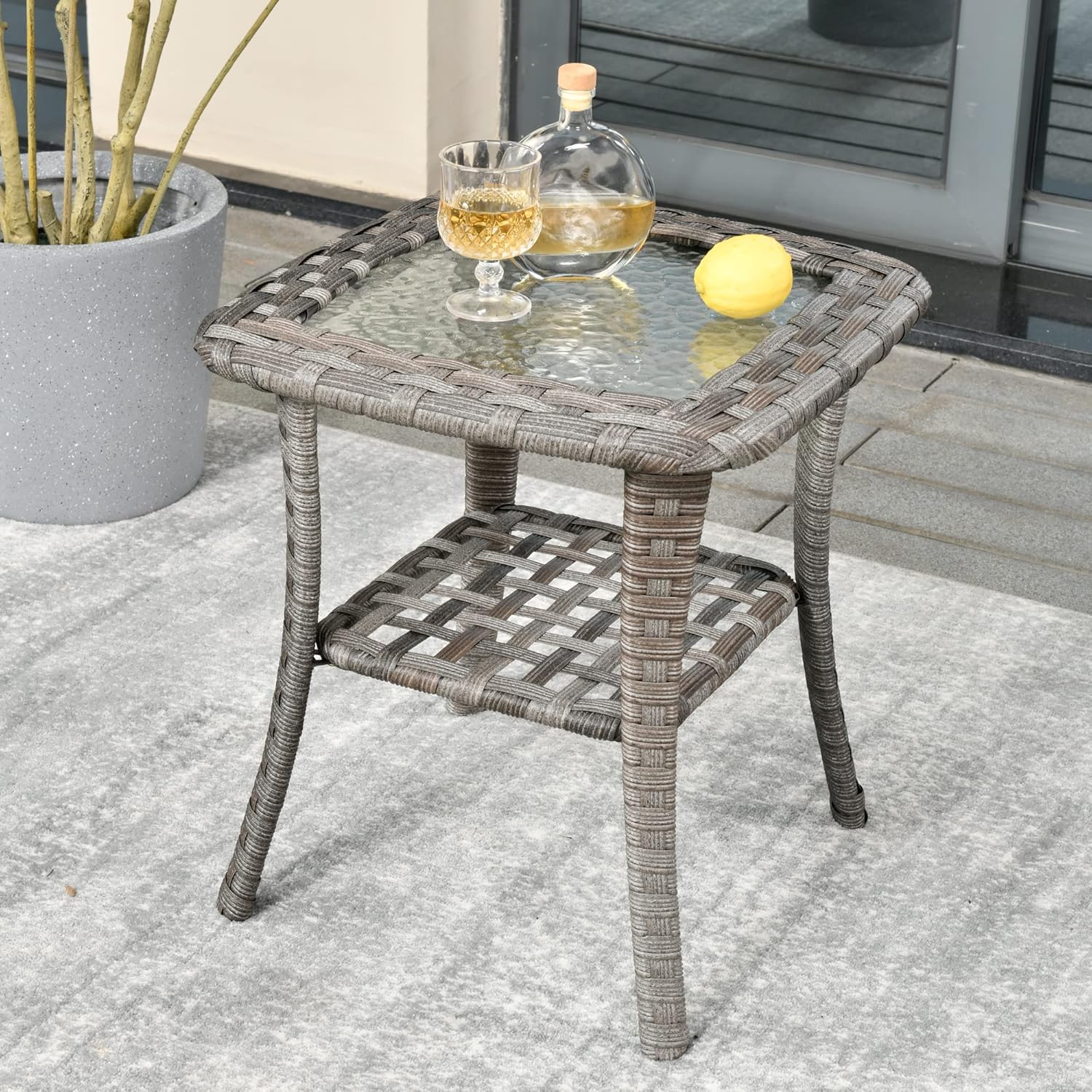 HOOOWOOO Small Square Patio Side Table with Glass Top and 2 Layers Storage