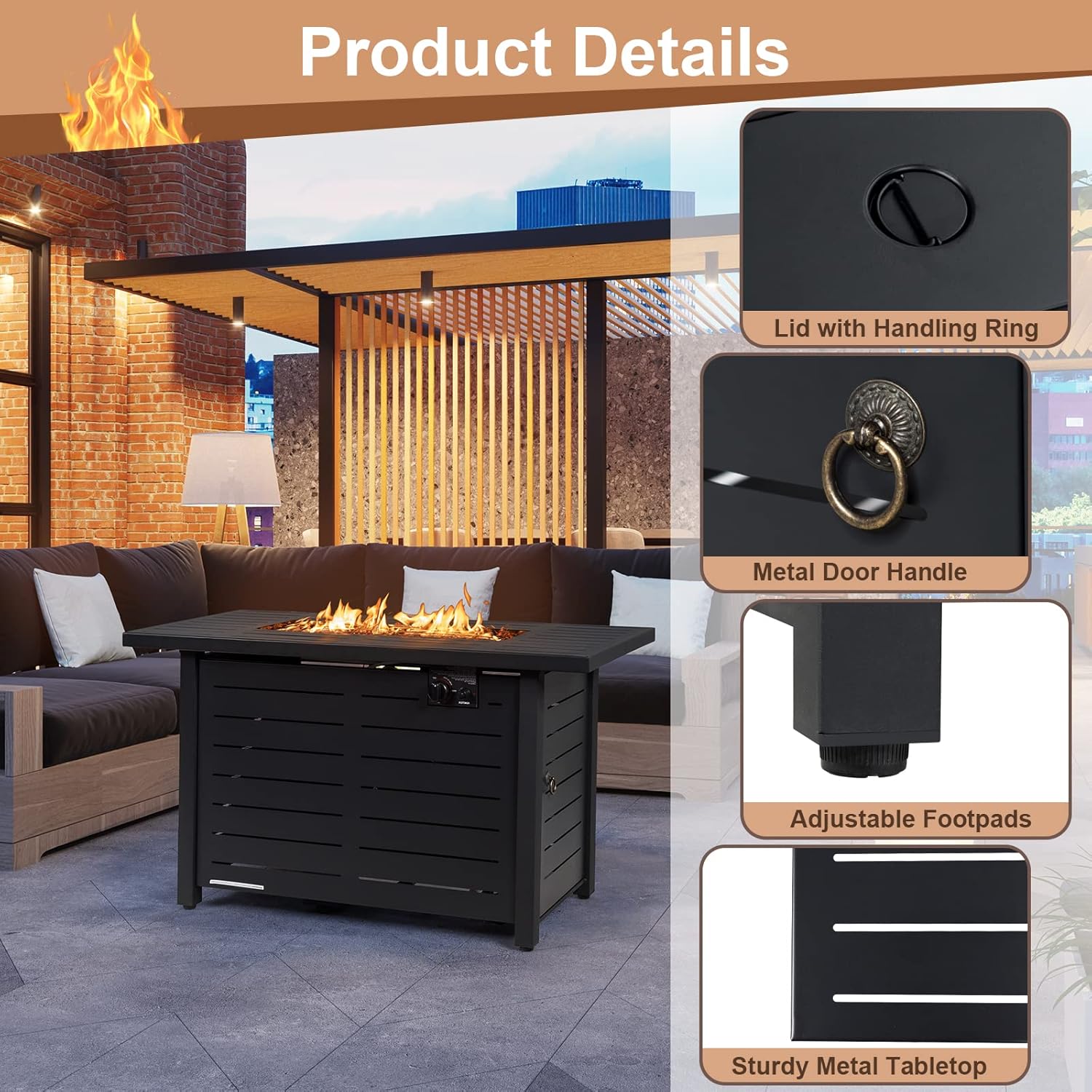 S AFSTAR Propane Fire Pit Table, 42 Inch 60,000 BTU Gas Fire Pit Table with Lid & Volcanic Rocks, PVC Protective Cover, Outdoor Rectangular Fire Tables for Patio Porch Balcony Pool Deck (Black)