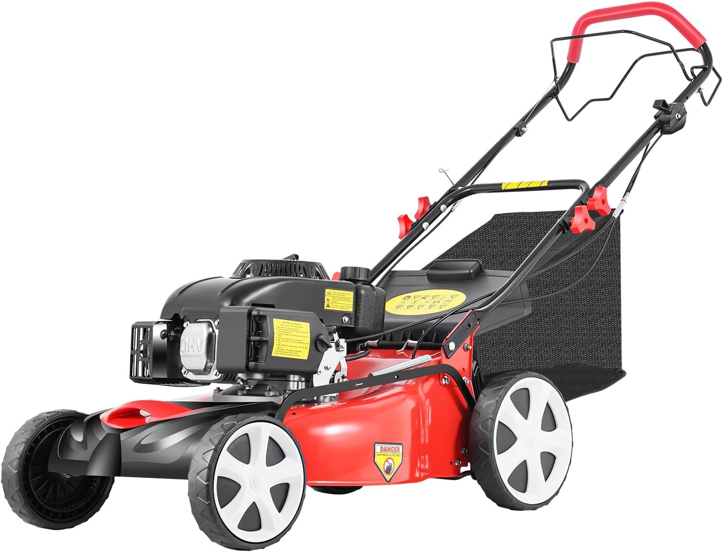 5HP 140cc Gas Lawn Mower, 20in Self-Propelled, 8 Height Adjustments (1-3.2in), 15.9gal Bag, Red/Black for Gardens, Villas, Parks