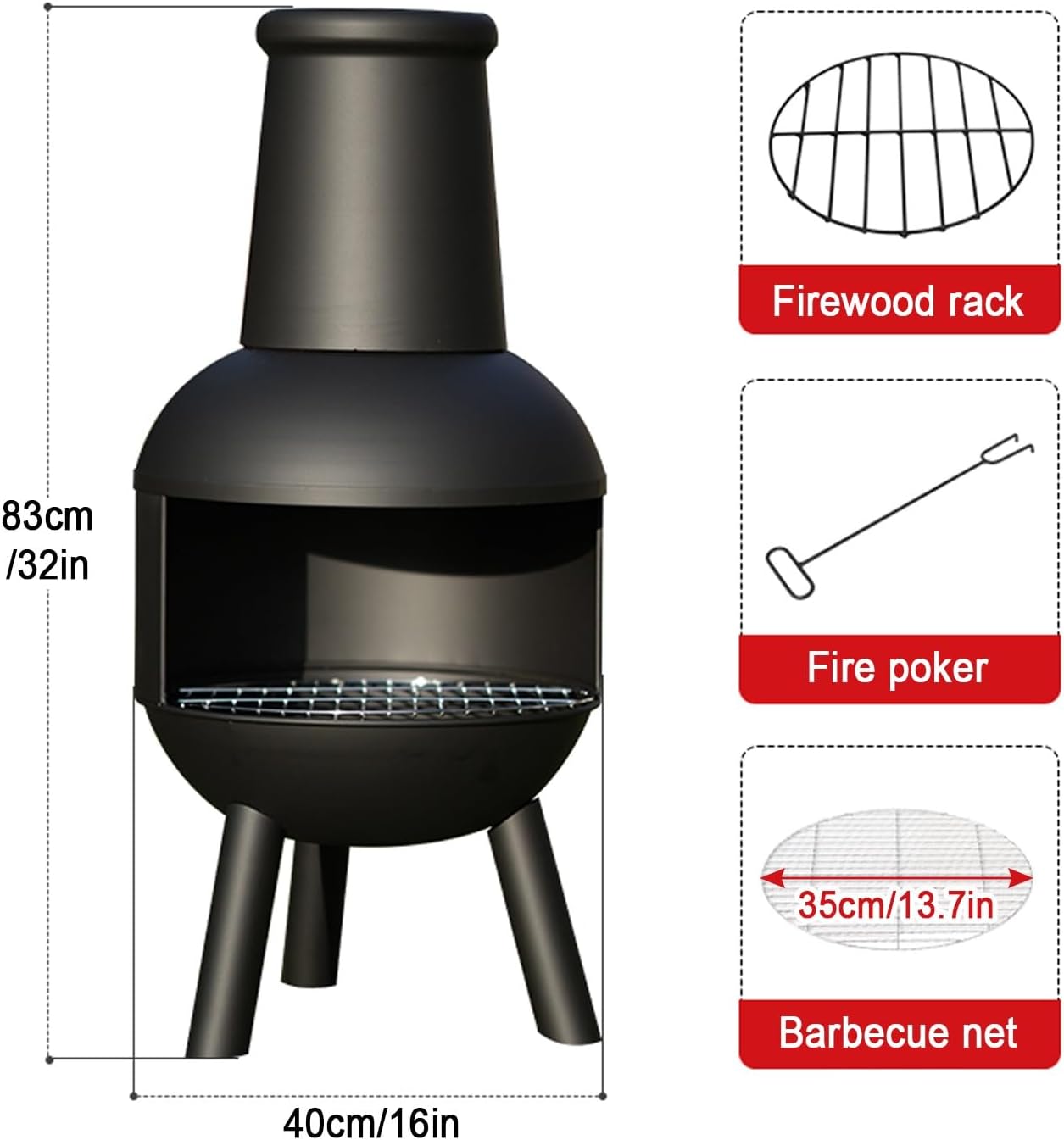 Chiminea, Outdoor Wood Burning Firepit, Fireplace for BBQ & Warming, with Grill Mesh, Chimney & Firewood Rack, for Patio, Garden, Backyard