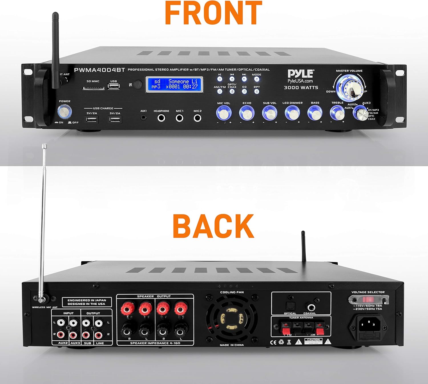 Pyle Bluetooth Multi-Channel Hybrid Pre-Amplifier System - 3000W Home Audio Rack Mount Stereo Power Amplifier Receiver w/ Radio, USB, UHF, Dual Wireless Karaoke mic, Speaker Sound System - PWMA4004BT