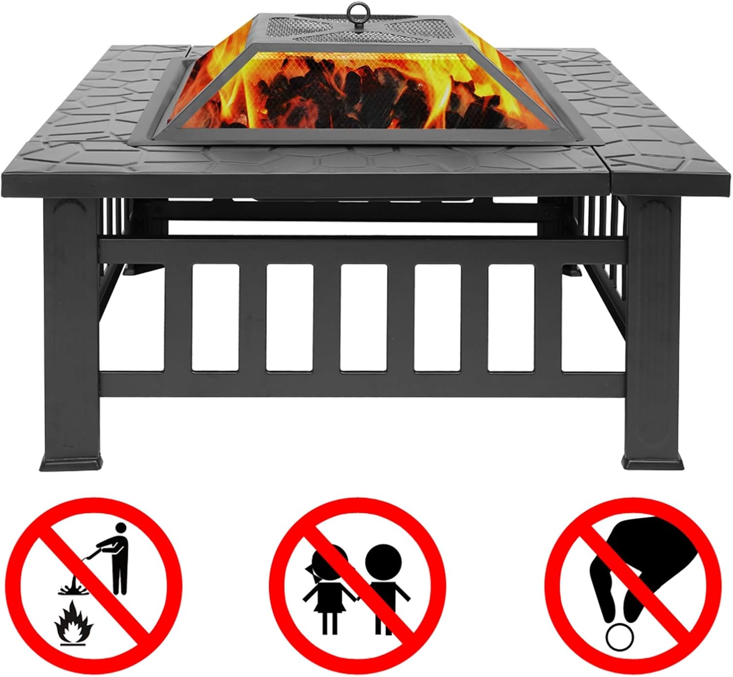32 inch Outdoor Square Metal Firepit Backyard Patio Garden Stove Wood Burning BBQ Fire Pit with Grilling Net,with Dust Cover, with Poker Four-Corner Brazier