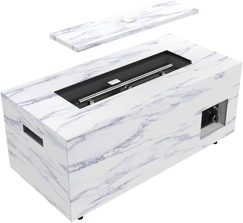 42 Inches Grey Rectangular Propane Fire Pit Table with Lid, Cover Lava Rocks – Outdoor Gas Firepit with Side Table for Tank Storage, Patio, Backyard (1 Doors)