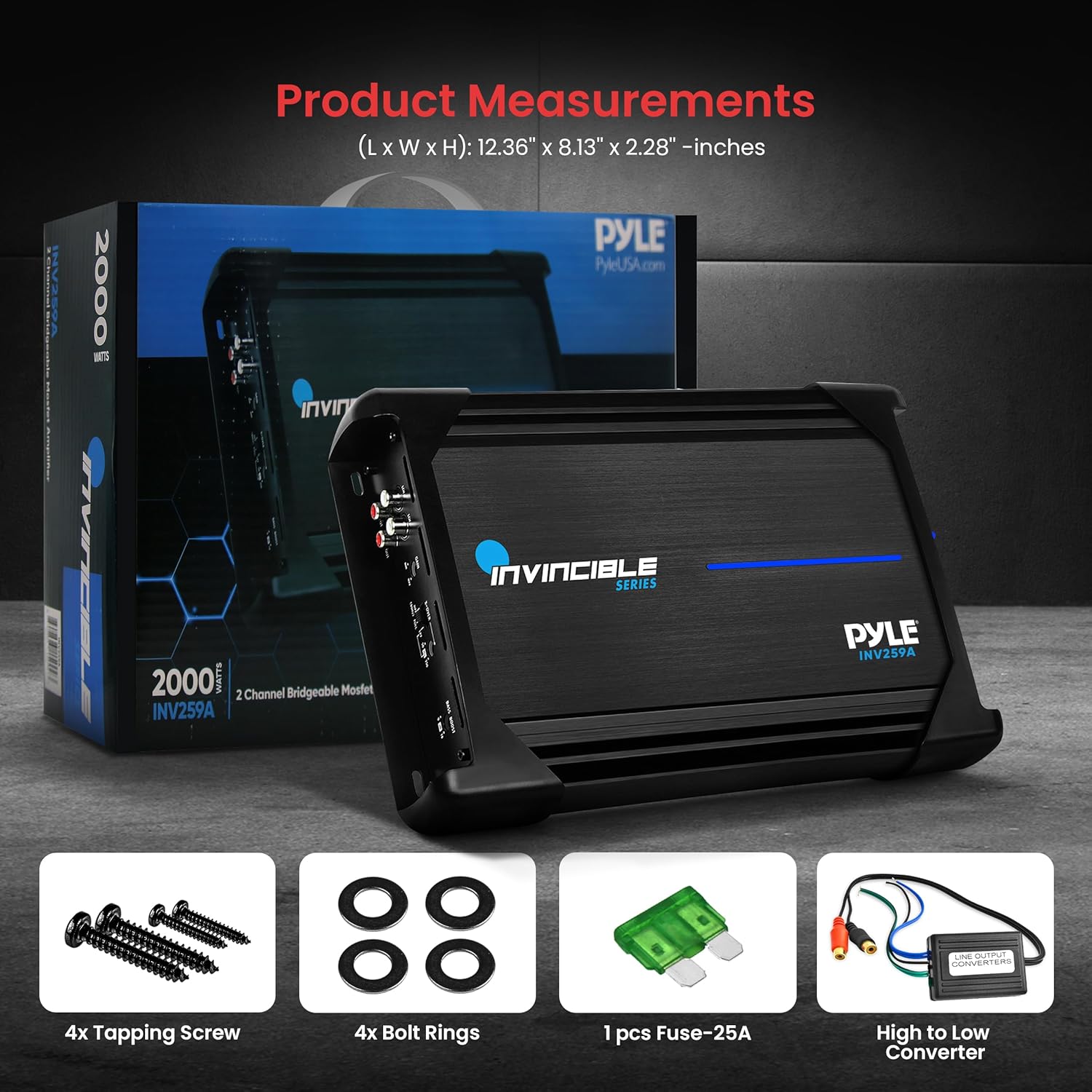 Pyle 2000W 12″ Class AB MOSFET Amplifier – Invincible Series 2-Channel Monoblock Car Audio Amp, High Power Performance with Advanced Protection Circuitry, Compact Design, PWM Power Supply