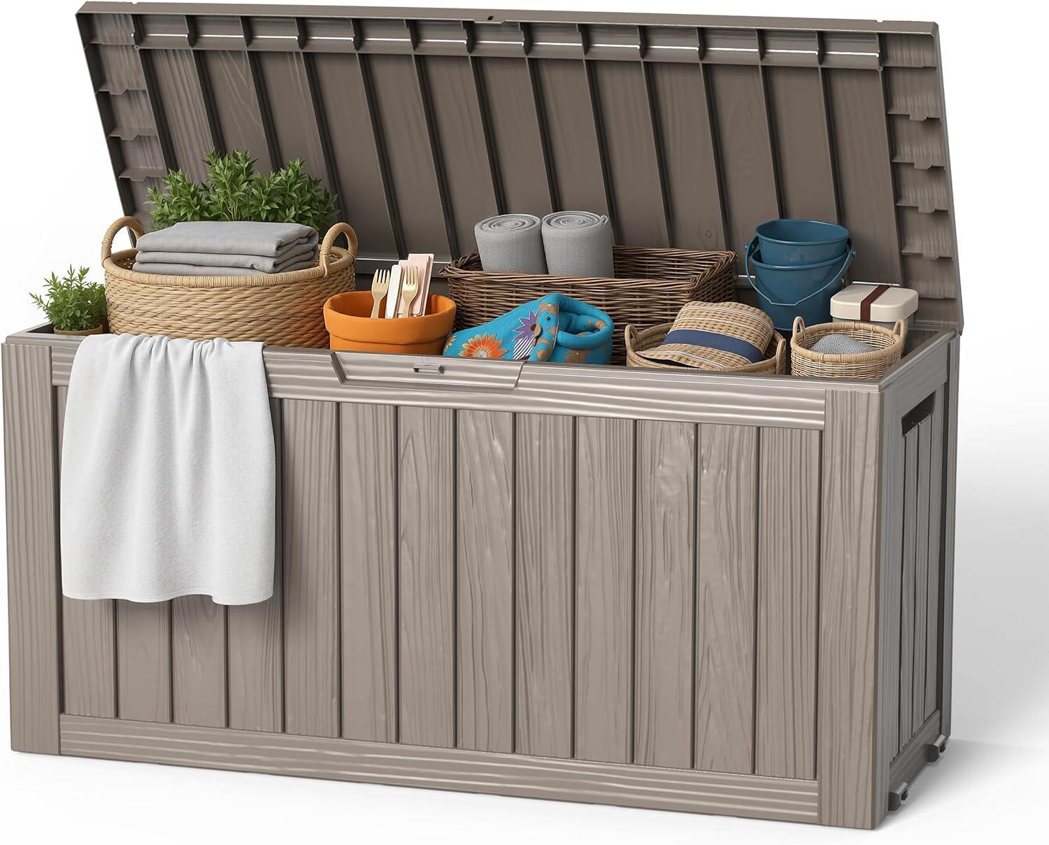 EasyUp 85 Gallon Outdoor Storage Box, Resin Waterproof UV-Resistant Deck Box, Reinforced Stability for Patio, Garden, and Poolside, Striped Gray