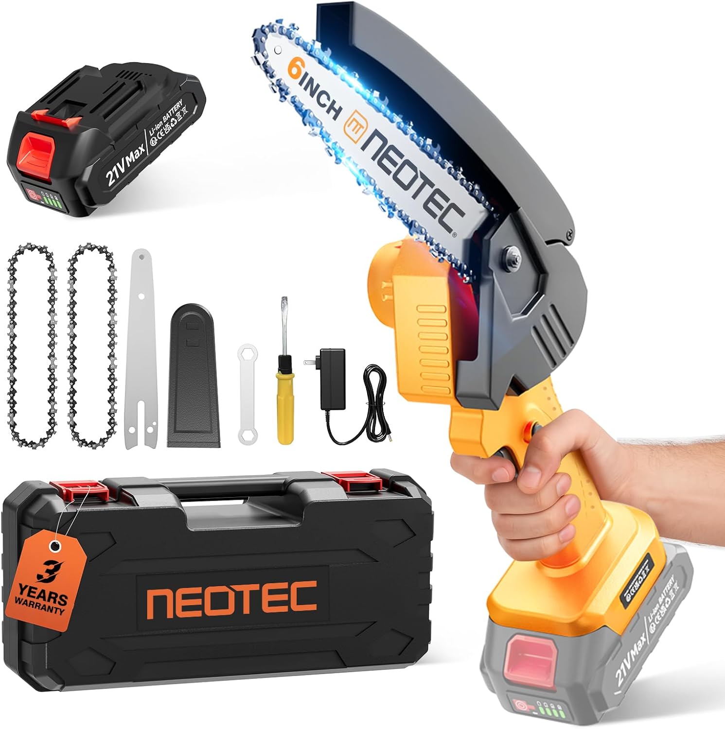 Mini Chainsaw Cordless 6-inch, NEOTEC Handheld Electric Chainsaw with 2000mAh Battery, Battery Powered Chain Saw for Tree Trimming Wood Cutting, Mini Chain Saw Gifts for Home and Garden