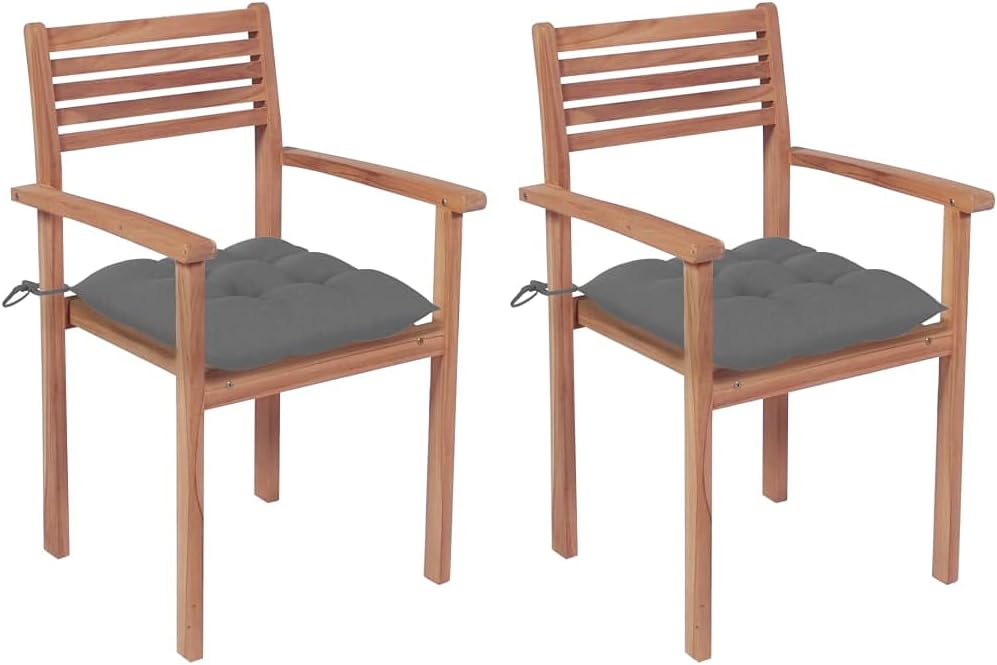 Patio Chairs 2 pcs with Gray Cushions Solid Teak Wood Outdoor Furniture, Outdoor Chairs