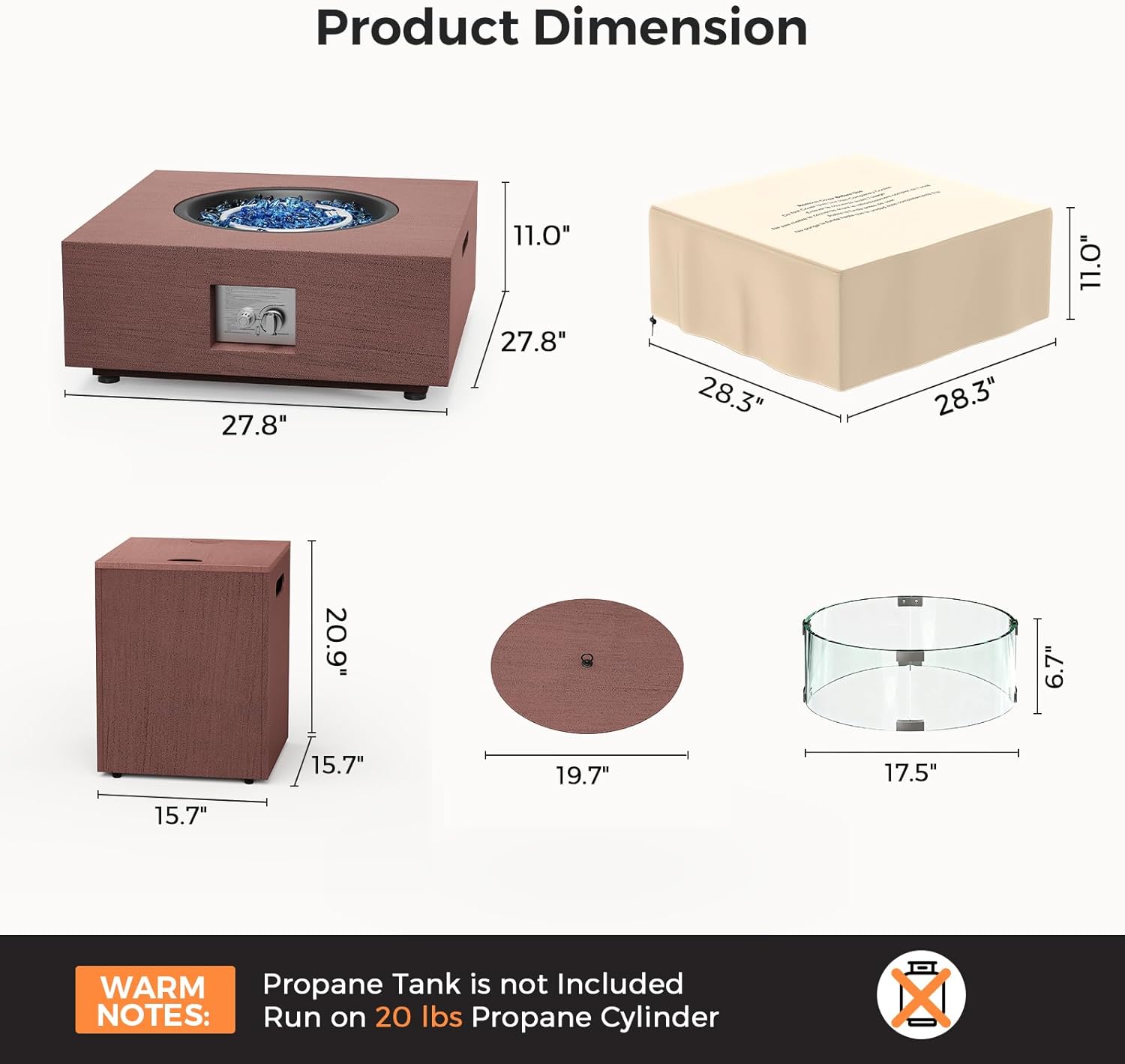 28 Inch Fire Pit Table Propane Fire Pit 40,000 BTU Gas Fire Pits 2-Piece With Tank Table Wind Guard Glass Rocks Protective Cover For Outside Patio Outdoor Backyard Deck Balcony, CSA Certified