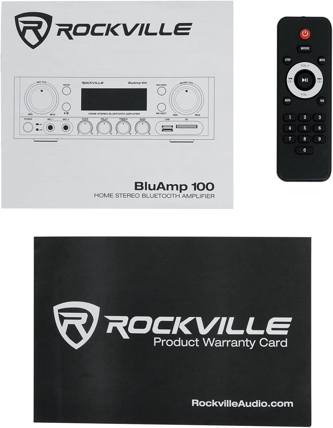 Rockville BLUAMP 100 60W x 2 RMS Home Stereo Bluetooth Amplifier, 4-8 Ohm, USB/SD/FM, Karaoke Mic Inputs, Remote Included, Perfect for Home Theater and Parties