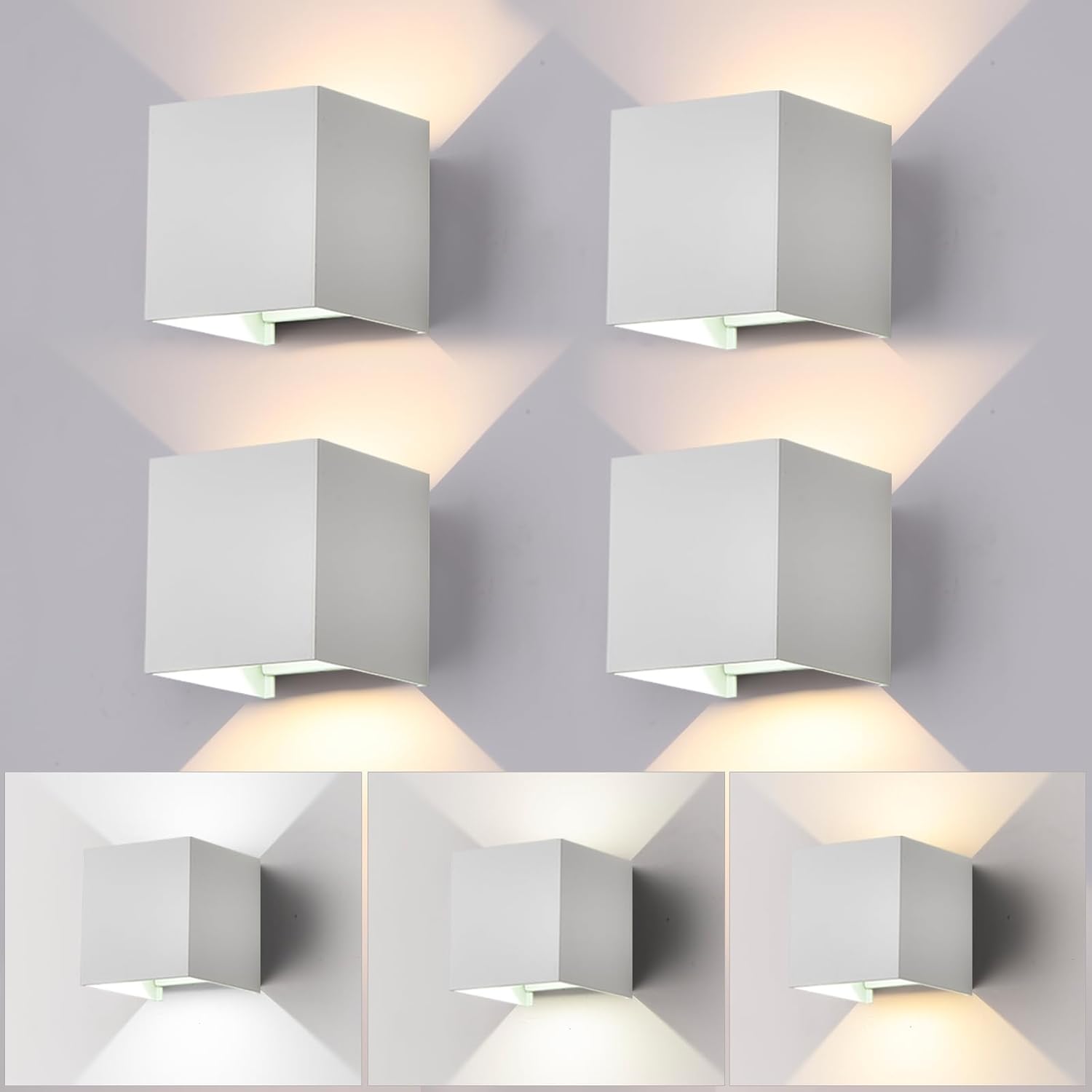 4 Pack LED Outdoor Wall Sconces Exterior/Interior,Modern Square Aluminum Wall Light Fixture Set,Variable Beam IP65 Waterproof Lights.15W 3-Color-Changeable Up and Down Outdoor Lighting Fixtures（White）