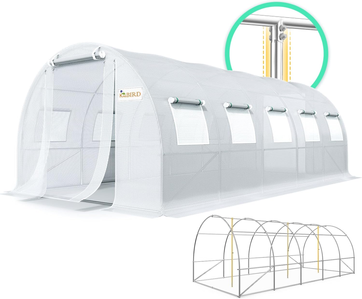 KING BIRD Premium 25x10x6.6FT Large Walk-in Greenhouse for Outdoors, Heavy Duty Galvanized Steel Frame W/ 2 Screen Door Vent, Tunnel Garden Plant Hot House, Advanced Zipper, White